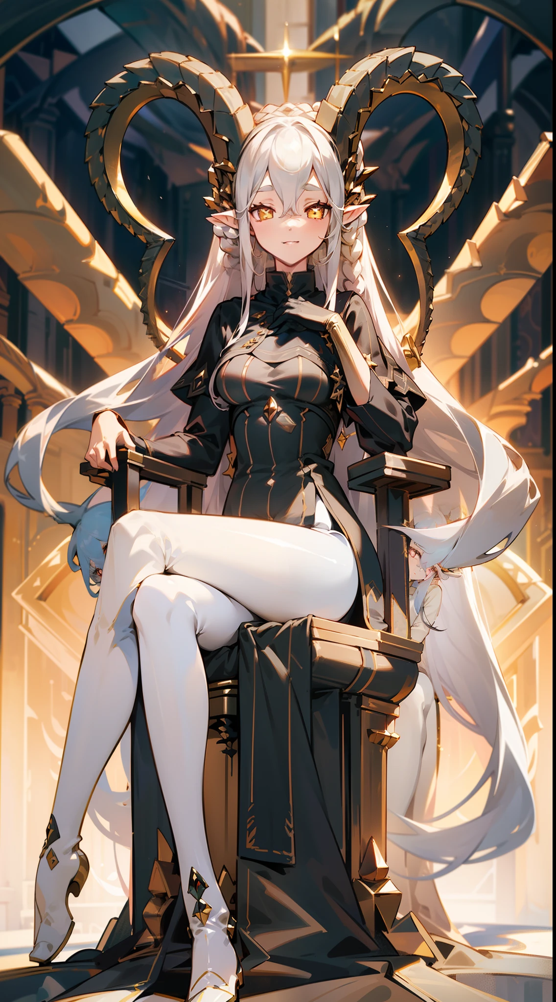 1girl,20 years,solo,happy face,black and golden long dress,medium tits,white hair,long hair,yellow eyes,elves ears,white pantyhose,golden horns,Detailed Long Boots,Luxurious Gold Decoration,(((sitting on a throne inside a castle)))