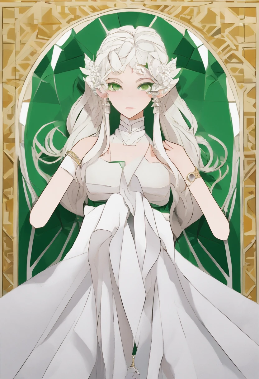 portrait of a hourglass shaped elf with (long white hair behind ear, straight bangs), (necklace, earrings), (glowing eyes, green eyes), (seductive smile:1.3), eye contact, (black embroidered lingerie), cleavage, close to a window, sitting on a chair crossed-leg, bedroom, (morning), god rays, ray tracing, best quality, 16k, masterpiece