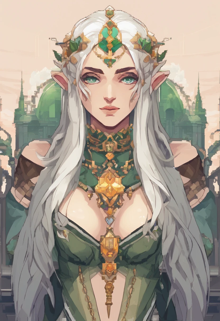portrait of a hourglass shaped elf with (long white hair behind ear, straight bangs), (necklace, earrings), (glowing eyes, green eyes), (seductive smile:1.3), eye contact, (black embroidered lingerie), cleavage, close to a window, sitting on a chair crossed-leg, bedroom, (morning), god rays, ray tracing, best quality, 16k, masterpiece