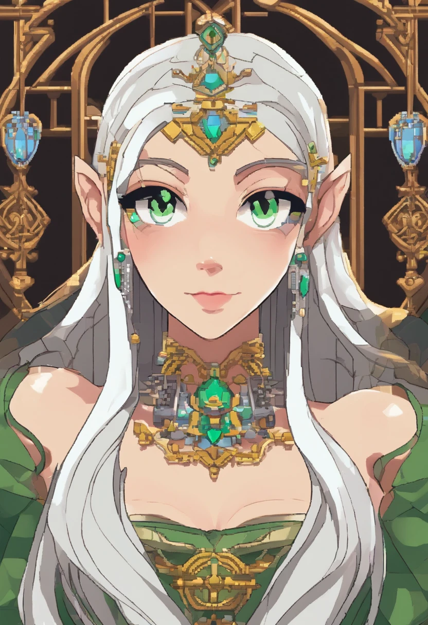portrait of a hourglass shaped elf with (long white hair behind ear, straight bangs), (necklace, earrings), (glowing eyes, green eyes), (seductive smile:1.3), eye contact, (black embroidered lingerie), cleavage, close to a window, sitting on a chair crossed-leg, bedroom, (morning), god rays, ray tracing, best quality, 16k, masterpiece