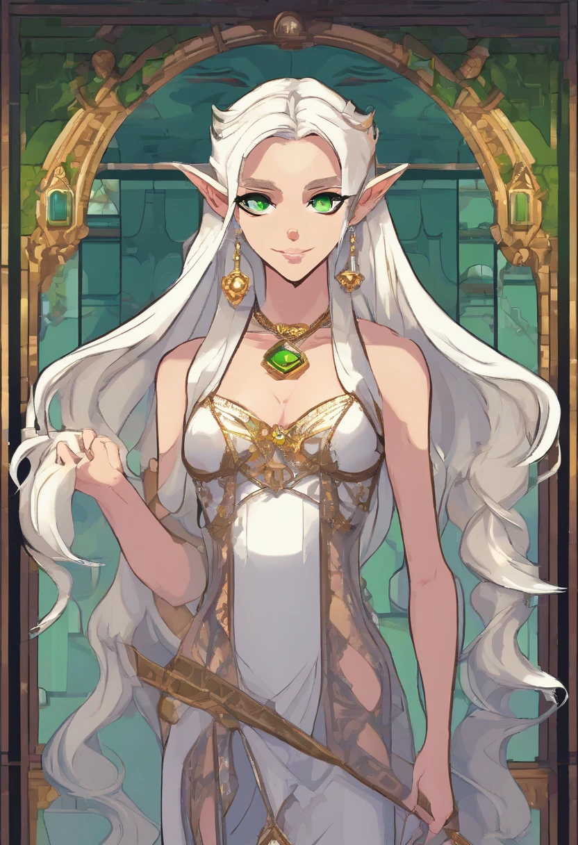portrait of a hourglass shaped elf with (long white hair behind ear, straight bangs), (necklace, earrings), (glowing eyes, green eyes), (seductive smile:1.3), eye contact, (black embroidered lingerie), cleavage, close to a window, sitting on a chair crossed-leg, bedroom, (morning), god rays, ray tracing, best quality, 16k, masterpiece
