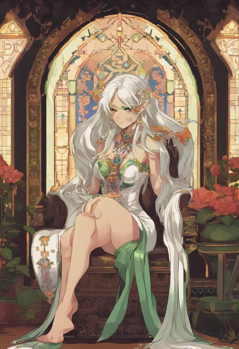 portrait of a hourglass shaped elf with (long white hair behind ear, straight bangs), (necklace, earrings), (glowing eyes, green eyes), (seductive smile:1.3), eye contact, (black embroidered lingerie), cleavage, close to a window, sitting on a chair crossed-leg, bedroom, (morning), god rays, ray tracing, best quality, 16k, masterpiece