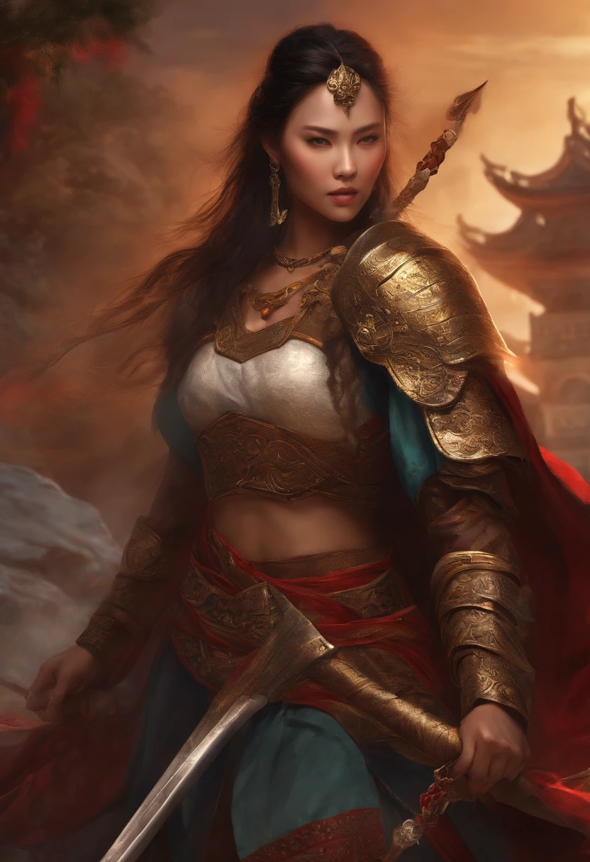 (best quality:1.2),detailed background,detailed oriental nobles,warrior girl,combat arts,holding halberd,they,monster army,oriental