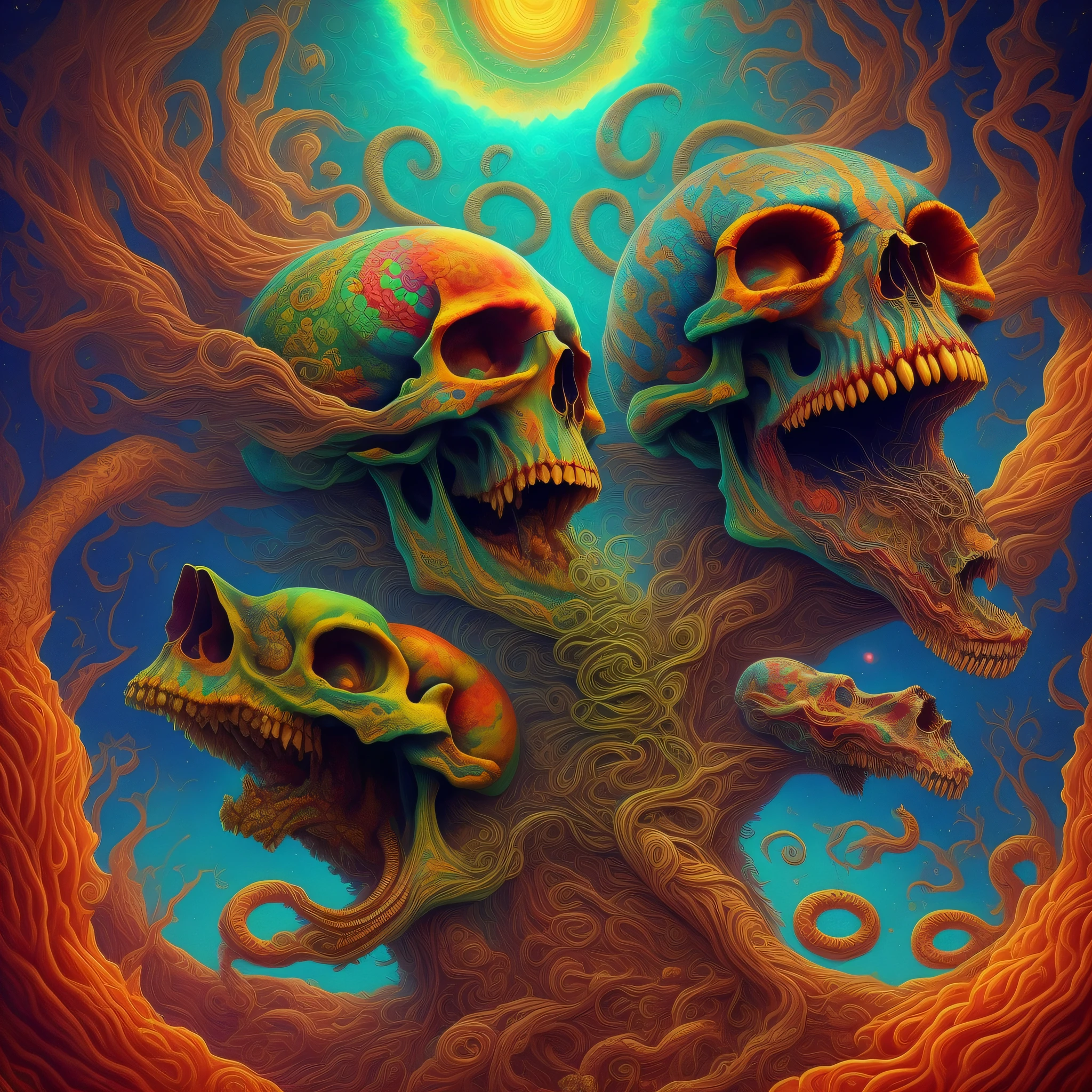 a closeup of a psychedelic poster with a skull and two snakes, psychedelic cosmic horror, psychedelic laughing demon, Android Jones e Chris Dyer, conjuring psychedelic background, psychedelic acid trip, shamanic DMT horror art, arte psytrance, Dan Mumford e Alex Grey Estilo, shamanic horror lsd art, psychedelic art style, arte colorida assustadora em 4K