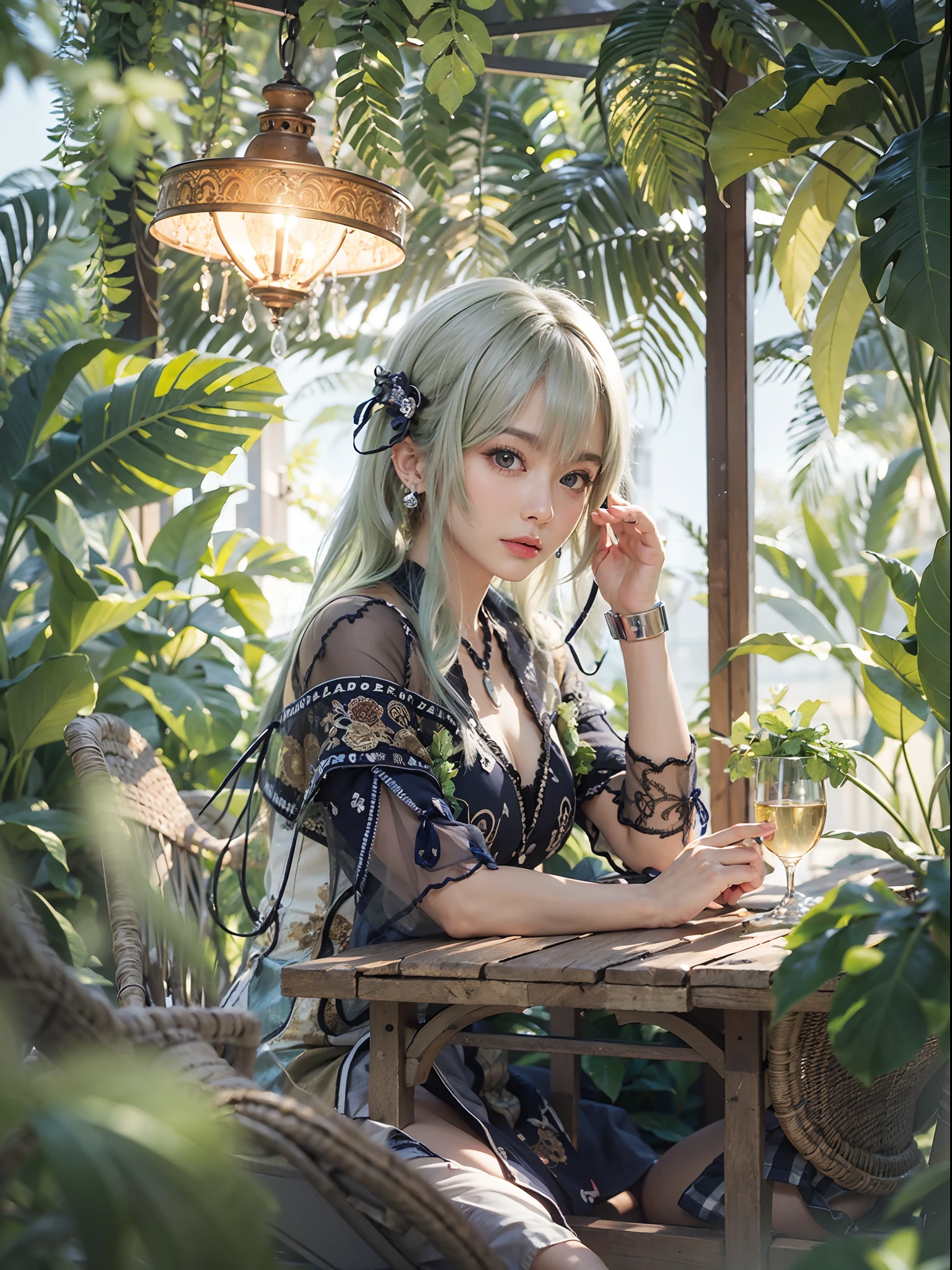 masterpiece, best quality,ultra-detailed,hyper details, cinematic light,, 1girl, solo, sit, outdoor, summerhouse, sitting in the summerhouse, plants, table, Summer 2023 collection award winning artwork, chandelier, candle, wind, green eyes, pan-green silver hair, short hair, ear_fluff, floating hair, light, light frown, profile,looking at viewer, dynamic_angle