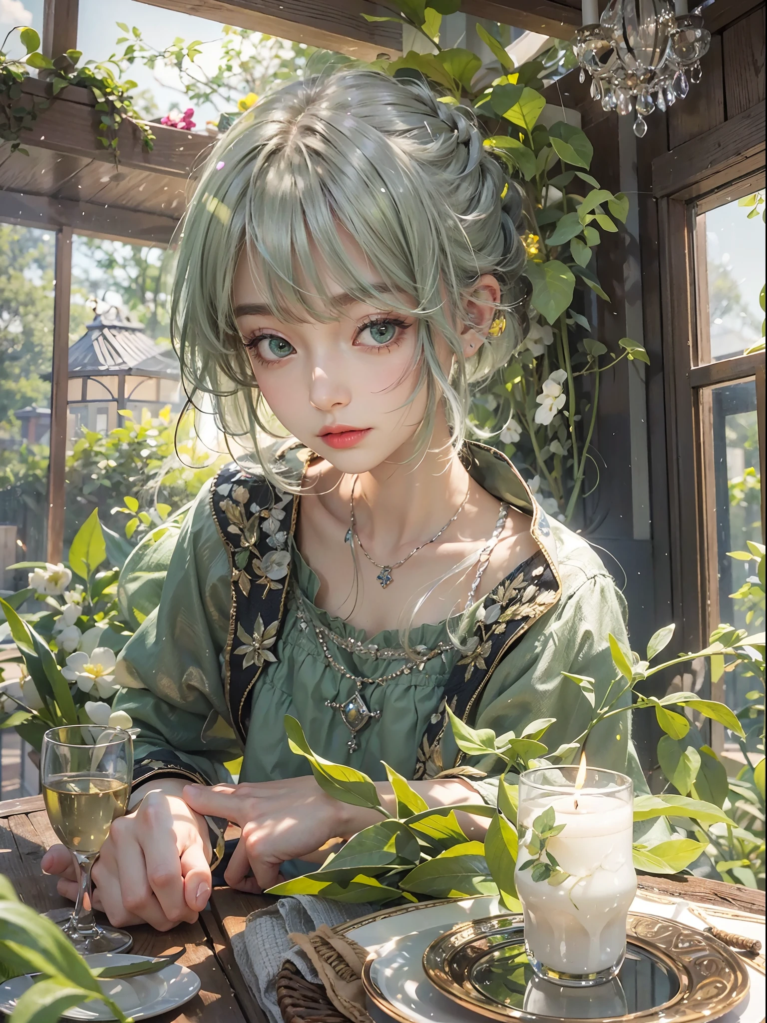 masterpiece, best quality,ultra-detailed,hyper details, cinematic light,, 1girl, solo, sit, outdoor, summerhouse, sitting in the summerhouse, plants, table, Summer 2023 collection award winning artwork, chandelier, candle, wind, green eyes, pan-green silver hair, short hair, ear_fluff, floating hair, light, light frown, profile,looking at viewer, dynamic_angle