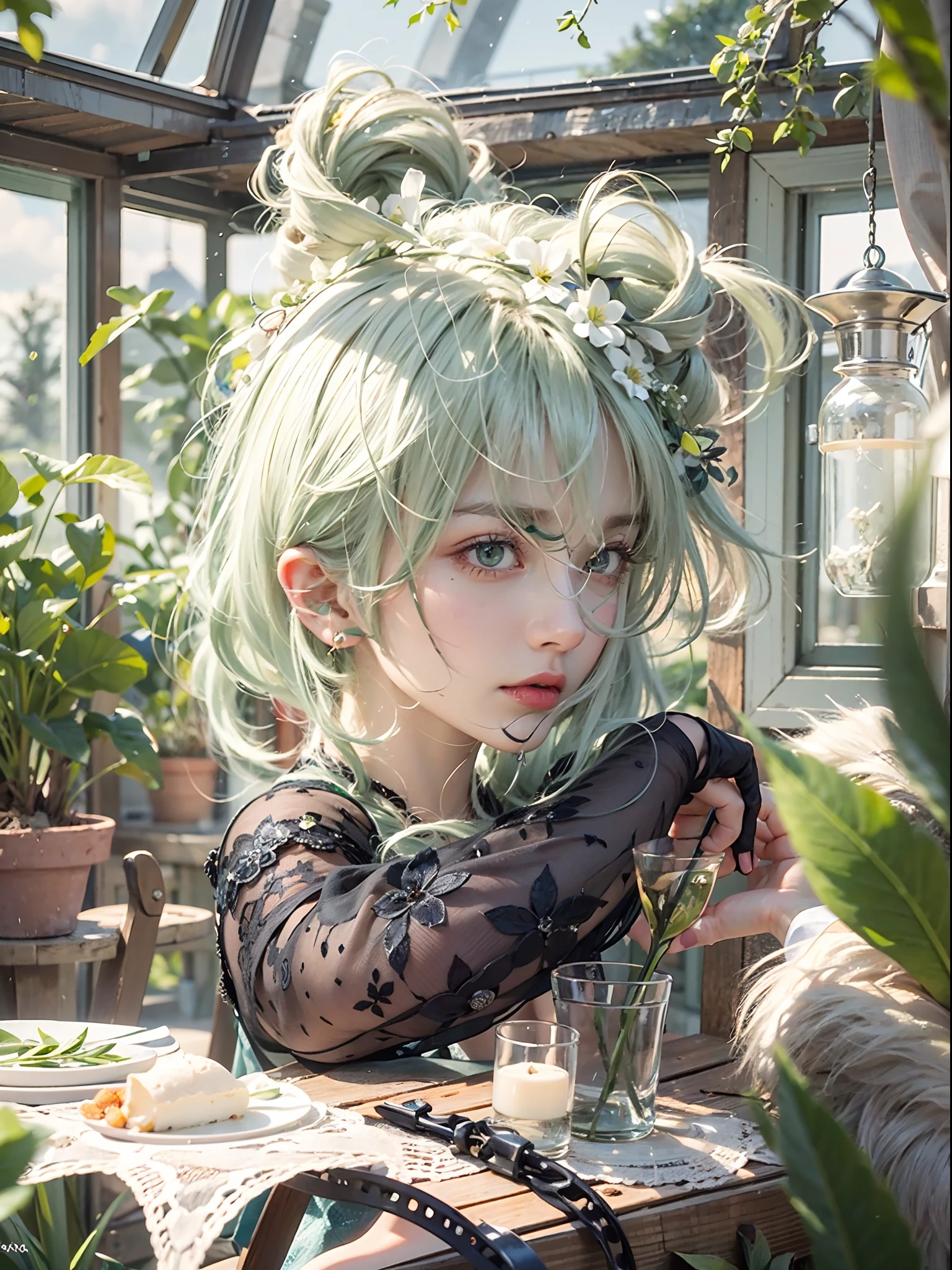 masterpiece, best quality,ultra-detailed,hyper details, cinematic light,, 1girl, solo, sit, outdoor, summerhouse, sitting in the summerhouse,  plants, table, Summer 2023 collection award winning artwork, chandelier, candle, wind, green eyes, pan-green silver hair, short hair, ear_fluff, floating hair, light, light frown, profile,looking at viewer, dynamic_angle