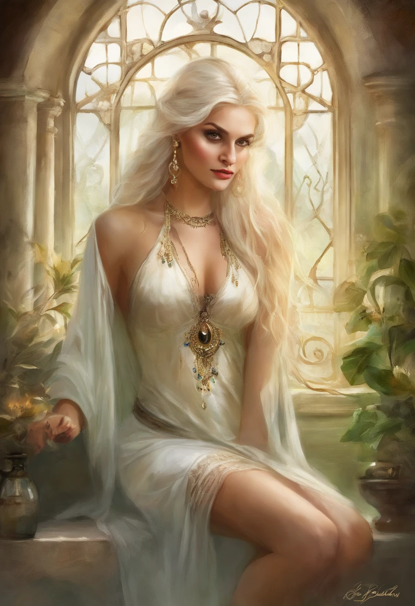 portrait of a hourglass shaped elf with (long white hair behind ear, straight bangs), (necklace, earrings), (glowing eyes, green eyes), (seductive smile:1.3), eye contact, (black embroidered lingerie), cleavage, close to a window, sitting on a chair crossed-leg, bedroom, (morning), god rays, ray tracing, best quality, 16k, masterpiece