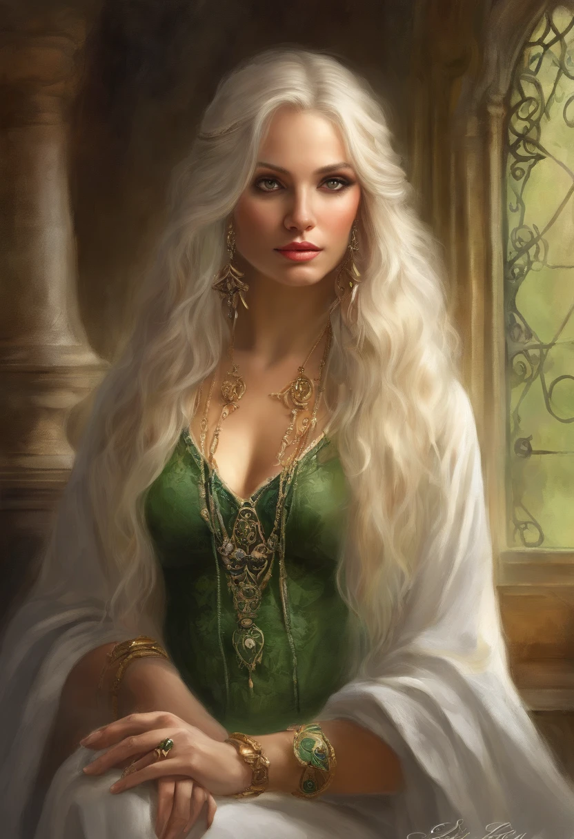 portrait of a hourglass shaped elf with (long white hair behind ear, straight bangs), (necklace, earrings), (glowing eyes, green eyes), (seductive smile:1.3), eye contact, (black embroidered lingerie), cleavage, close to a window, sitting on a chair crossed-leg, bedroom, (morning), god rays, ray tracing, best quality, 16k, masterpiece