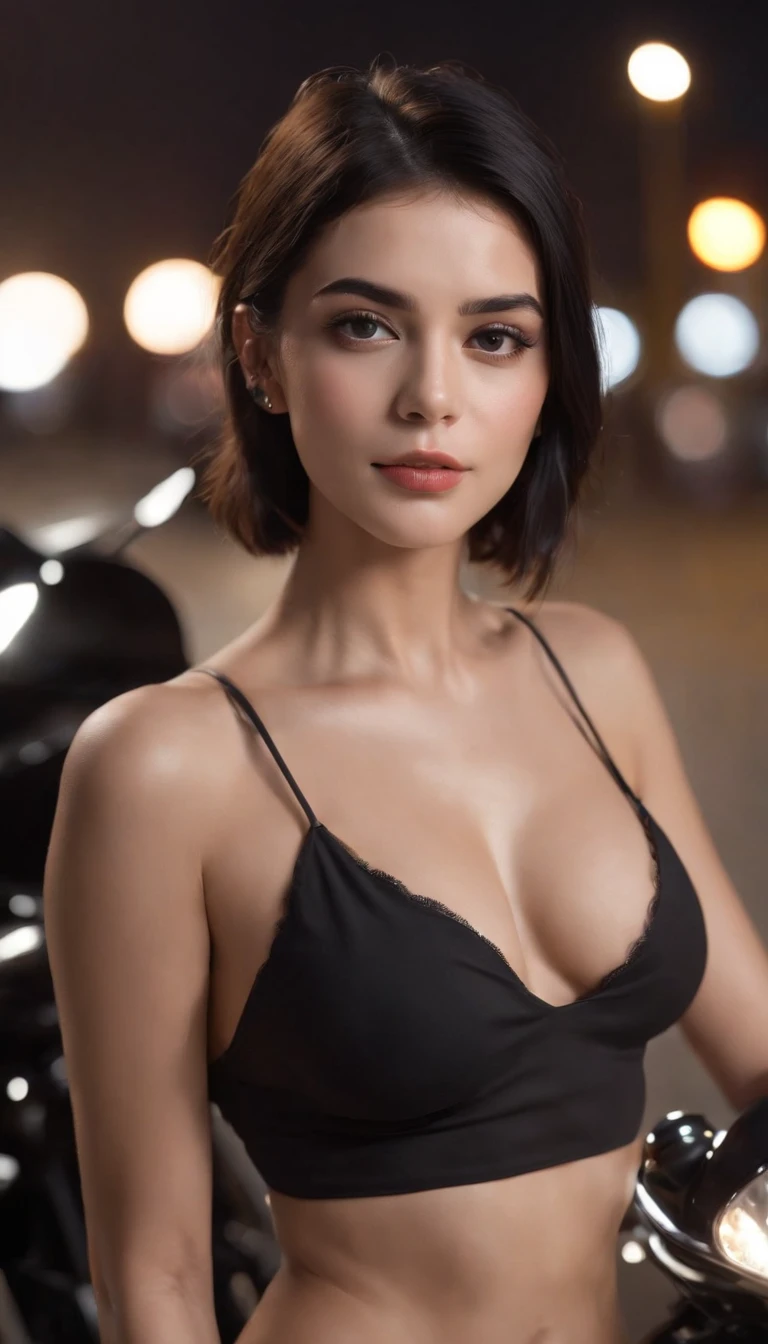 Girl with black short hair, black mask, black eyeliner on her eyes, black bikini, at night, under the illuminated street lamp, girl leaning against the black motorcycle, (((realism))), (((ultra detailed))), (((8k))), (((special lighting))), (((8k lighting)))