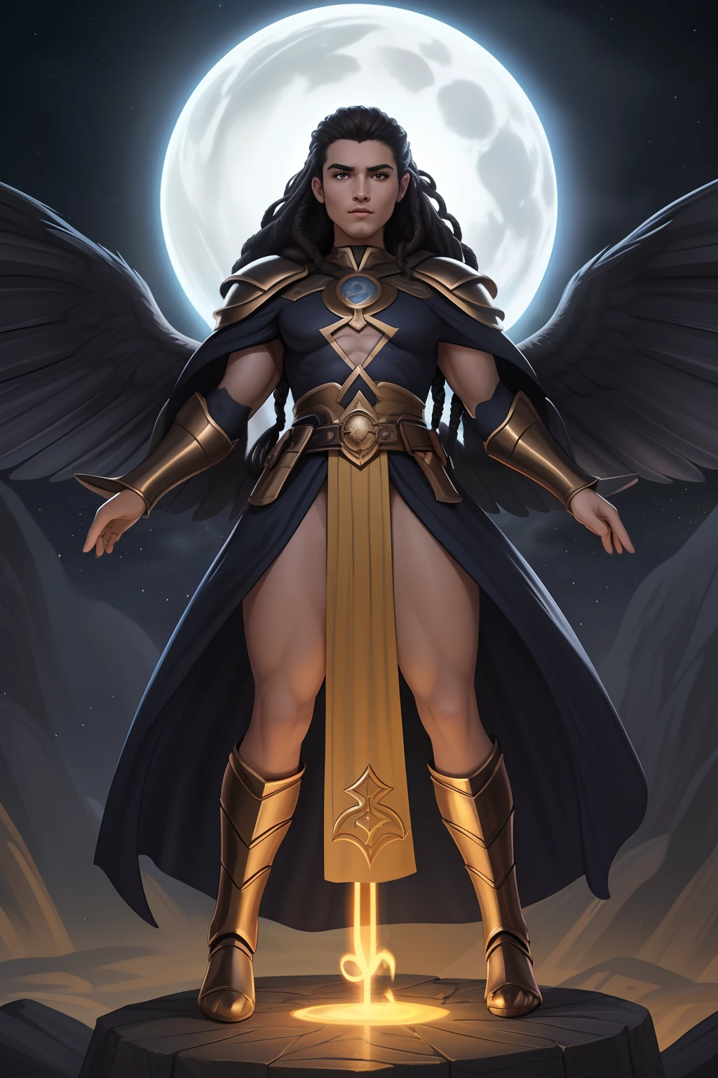 1girl, solo, magic wielding wizard woman, dark skin, dark skinned female, yellow eyes, glowing eyes, glowing, purple hair, animal ears, voluptuous, wide hips, long skirt, feathered wings, wide sleeves, robe, ring, jewelry, black boots, fist up, holding, magical staff, flames from below, gold accent, comic book cover, inked lines