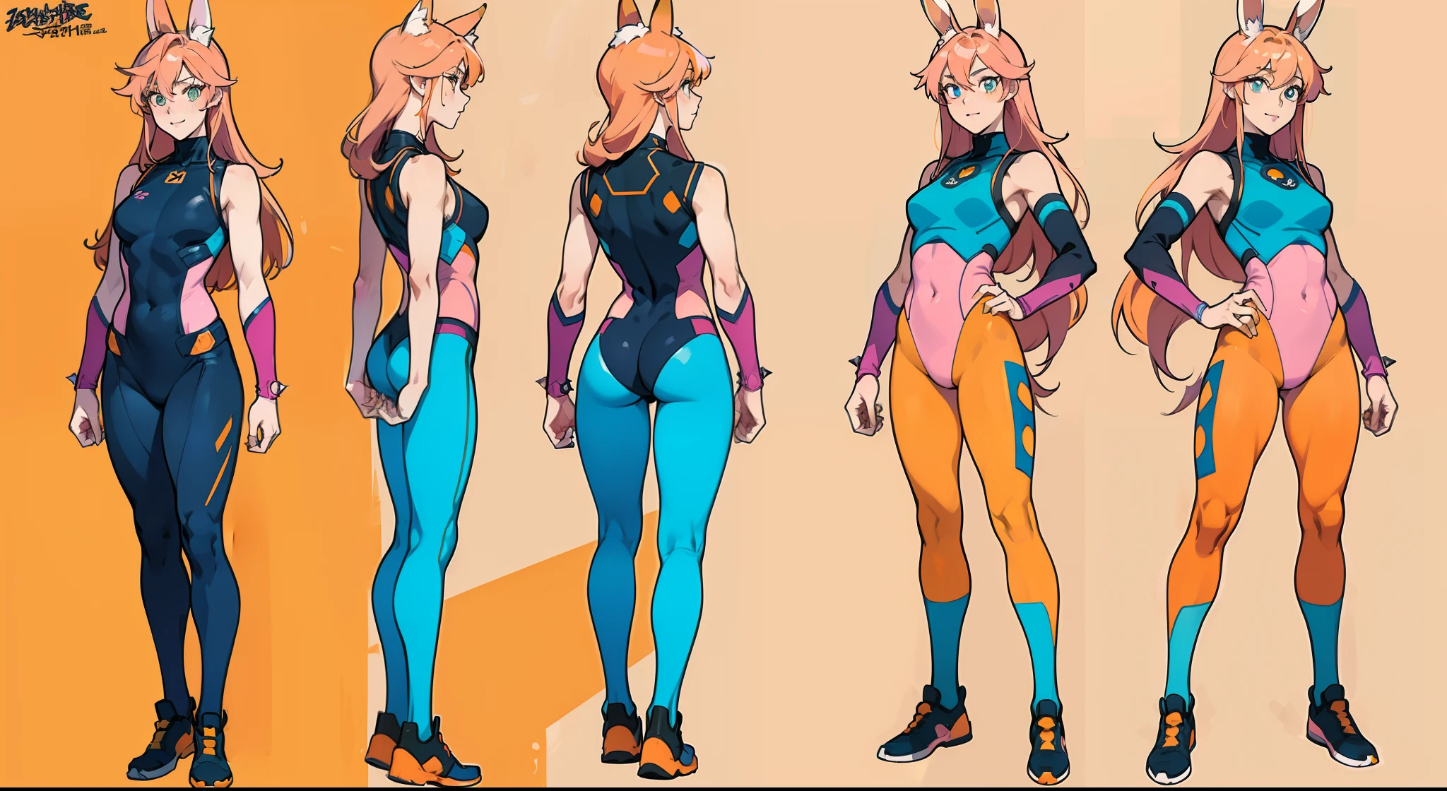 ((masterpiece)),(((best quality))),(character design sheet,same character,front,side,back), Reference sheet ((Best Quality)), ((Masterpiece)), ((Realistic)) tsuka kendou, 1woman, cute face, determined look, smile, long_legs, full_body, adult mature female ((spiky orange-pink hair,))((orange-pink mullet 1.1)), (long hair), bright cyan_eyes, (yellow_pupil,) hero, sleeveless blue_spandex_bodysuit, long orange-pink rabbit_ears, colored concept art, highly detailed character design, highly detailed face, Vivid and colorful colors, Delicate lines, tome + concept art, detailed full body concept art, full body character concept art, full body concept art, full character concept art, full body character concept, full body character design, 8 k character concept art, 8k character concept art, single character concept art, detailed character design, detailed face, detailed hair, (simple background, white background: 1.3)