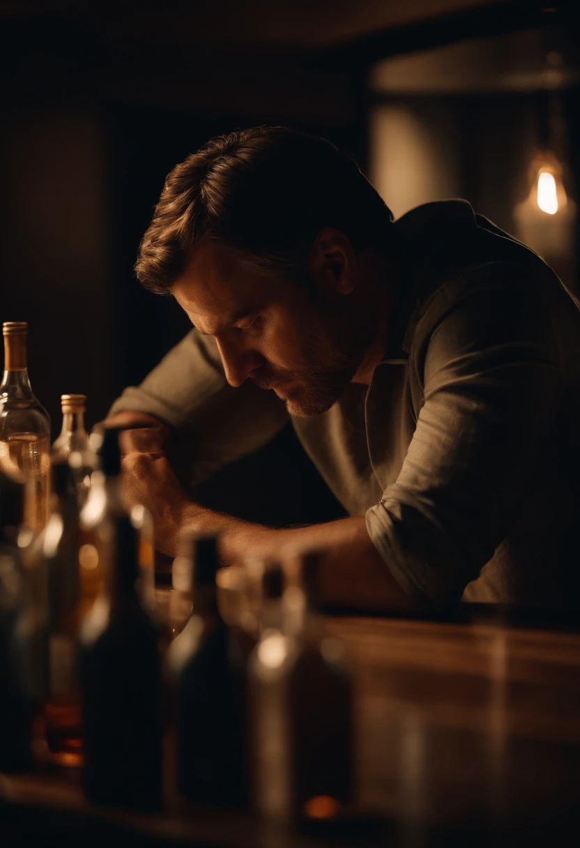 Depressed man at a table full of liquor bottles