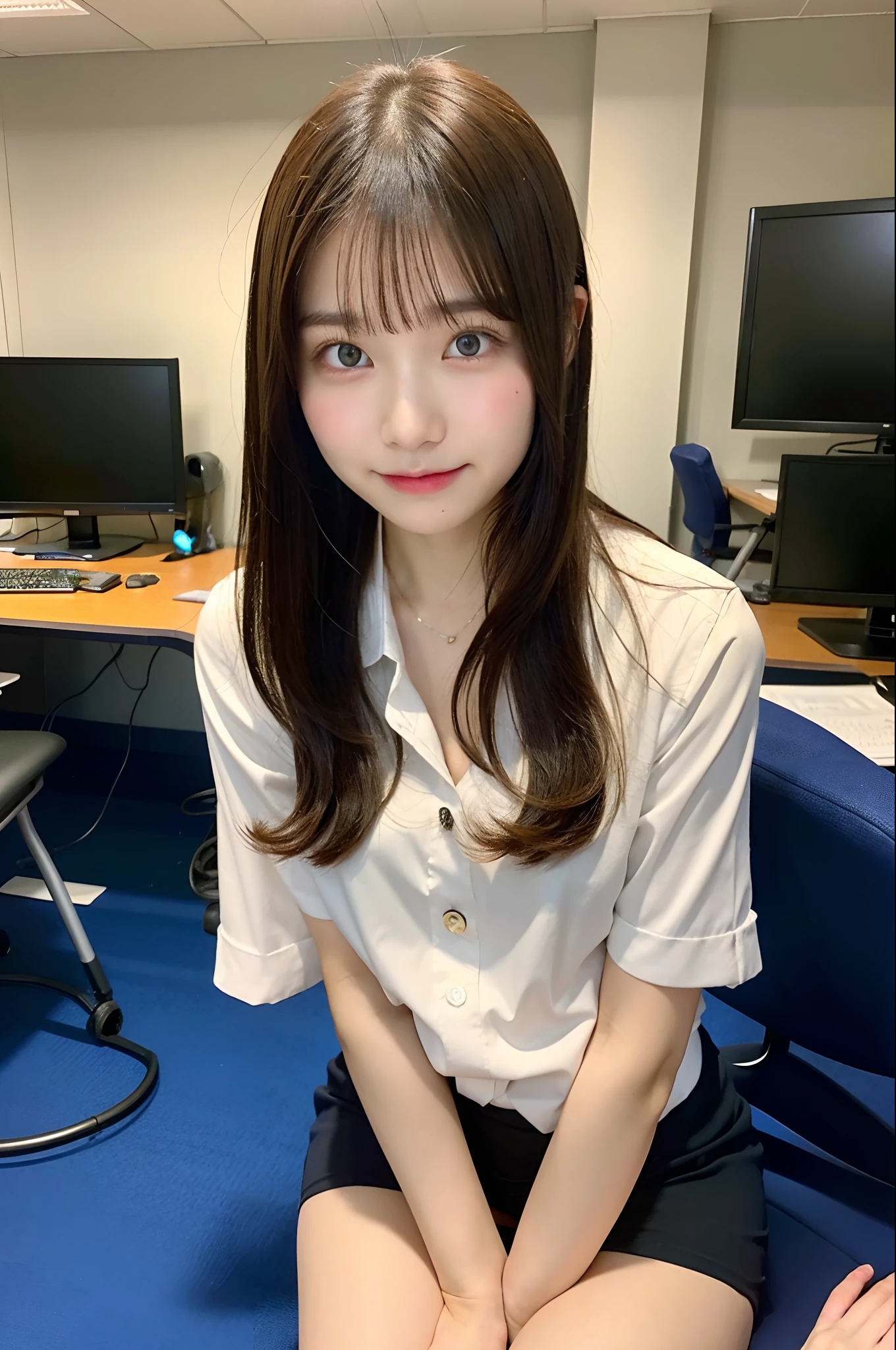 (realisticlying:1.2)、a 18 year old girl、Sexy Business Suit、sitting on、Computer Classroom