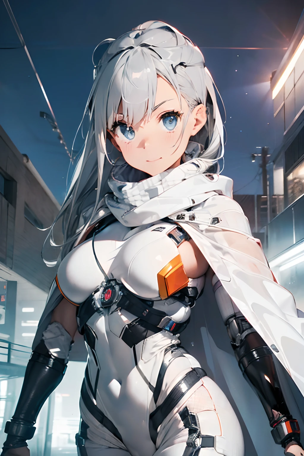 Bust ((half body)) hyperrealistic masterpiece, Superheroine girl ((mech sci-fi aesthetic style)) in extremely detailed tech tight plugsuit ((with scarf & white cape)), cinematic illumination: 8k, (((two-tone gray and white hair)))