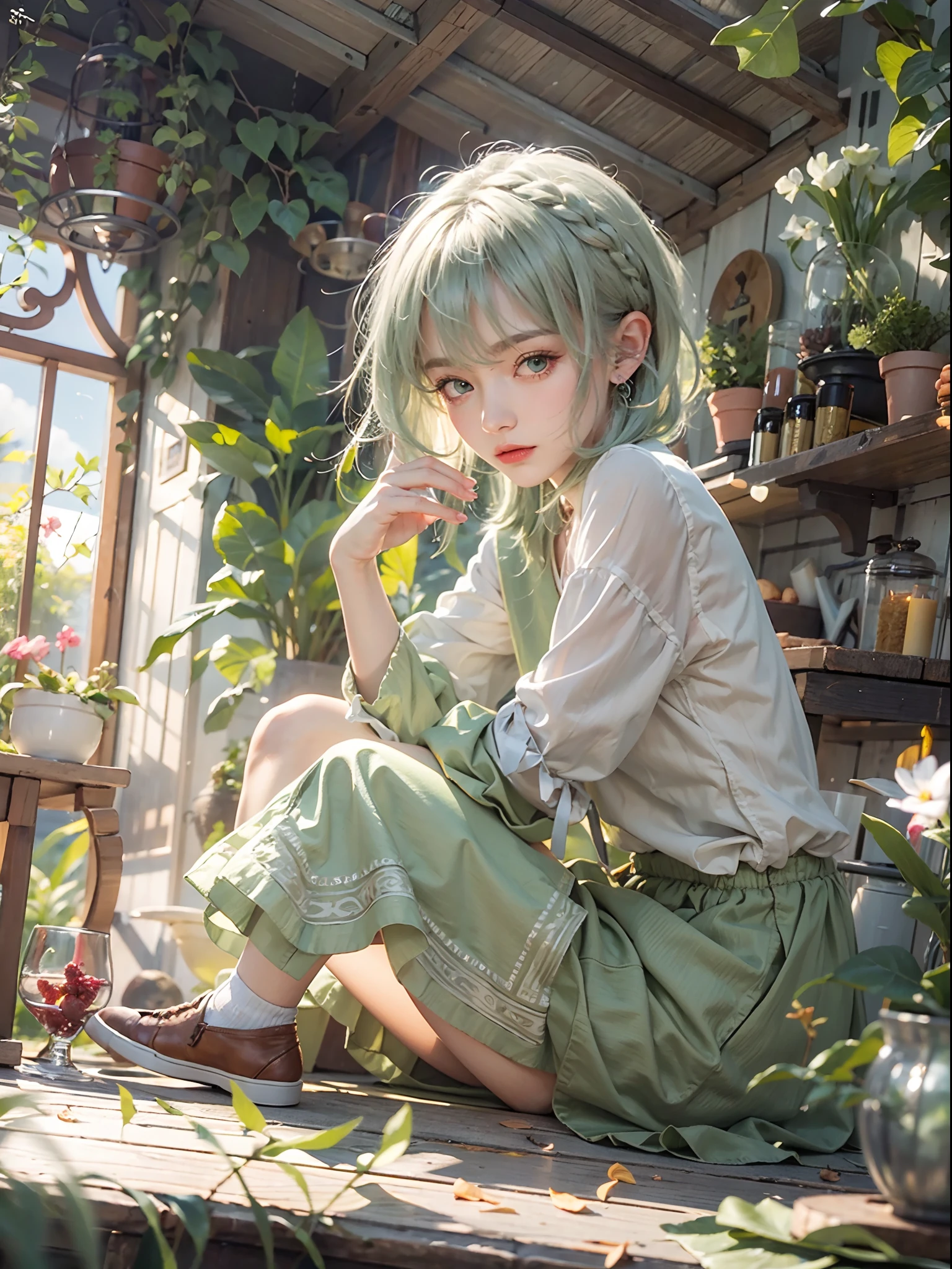 masterpiece, best quality,ultra-detailed,hyper details, cinematic light,, 1girl, solo, sit, outdoor, summerhouse, sitting in the summerhouse,  plants, table, Summer 2023 collection award winning artwork, chandelier, candle, wind, green eyes, pan-green silver hair, short hair, ear_fluff, floating hair, light, light frown, profile,looking at viewer, dynamic_angle