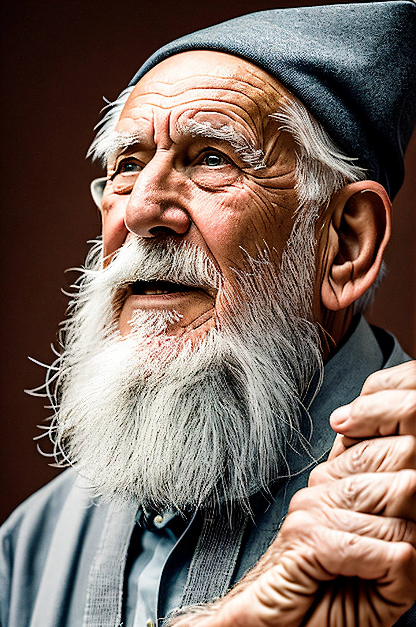a wise old man with a white beard pointed with his hand up
