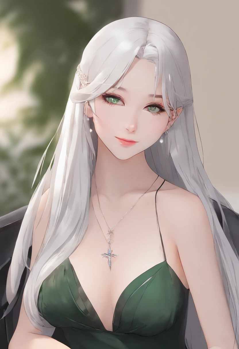portrait of a hourglass shaped elf with (long white hair behind ear, straight bangs), (necklace, earrings), (glowing eyes, green eyes), (seductive smile:1.3), eye contact, (black embroidered lingerie), cleavage, close to a window, sitting on a chair crossed-leg, bedroom, (morning), god rays, ray tracing, best quality, 16k, masterpiece