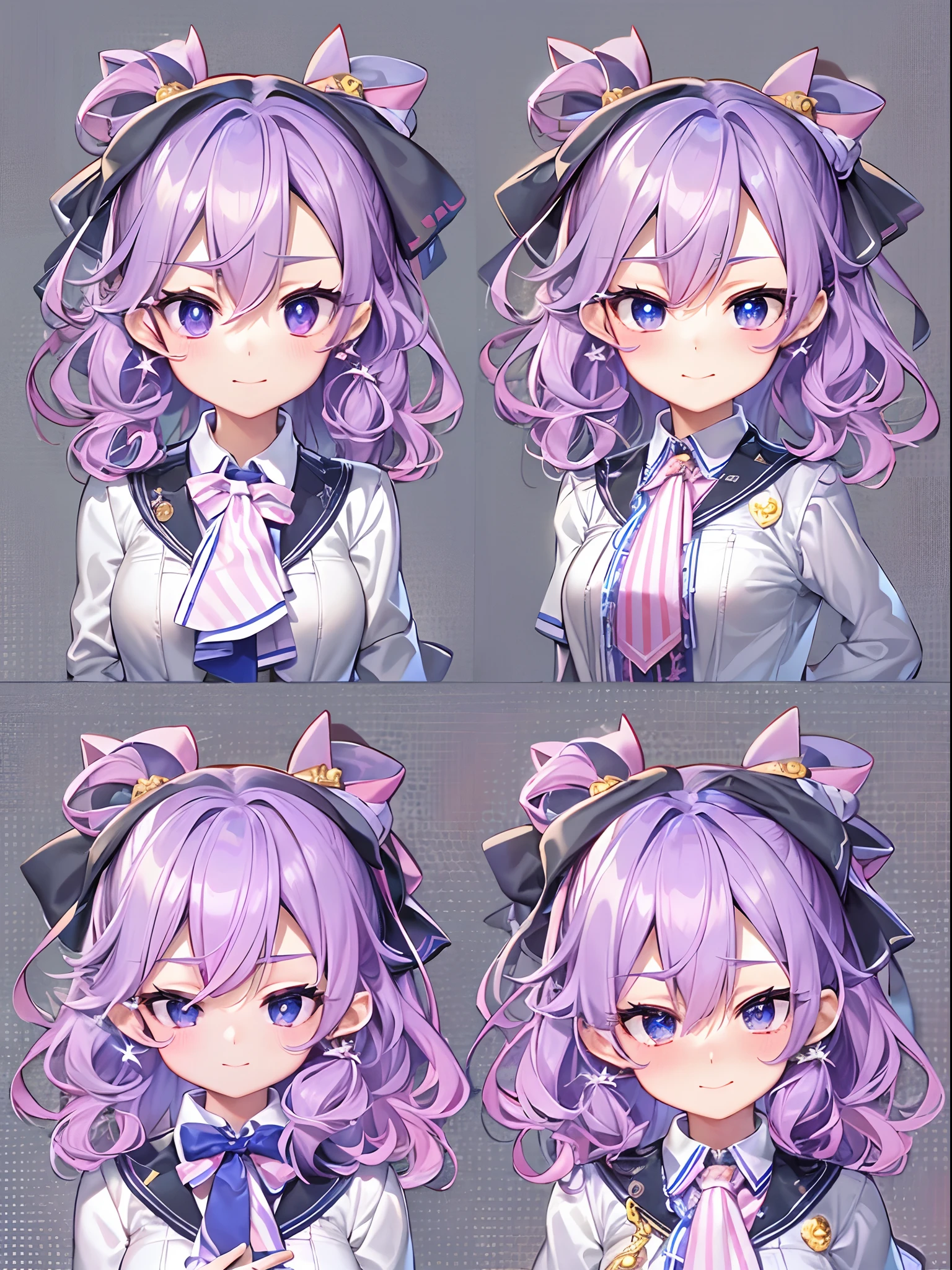 8k picture,best qualtiy，hight resolution、​masterpiece、super precision、Top image quality,Anime girl with purple hair and purple eyes isolated on black background、best anime 4k konachan wallpaper,The purple color of the hair in the video game Azure Lane,3D images、Correct posture、 A smile、Pink hair、Highly detailed CG Unity 8k wallpaper, [3D images:1.15],Attractive eyes、[[A detailed eye、Colorful eyes、radiant eyes:1.15]], poneyTail, Blazer, Blue jacket, Blue Ribbon, Blue skirt, buttoning, Collared shirt, Jacket, Long sleeves, Neck ribbon, Pleated skirt, bow ribbon, School uniform, Shirt, Skirt, White shirt, winter uniform、small tits,Correct fingers