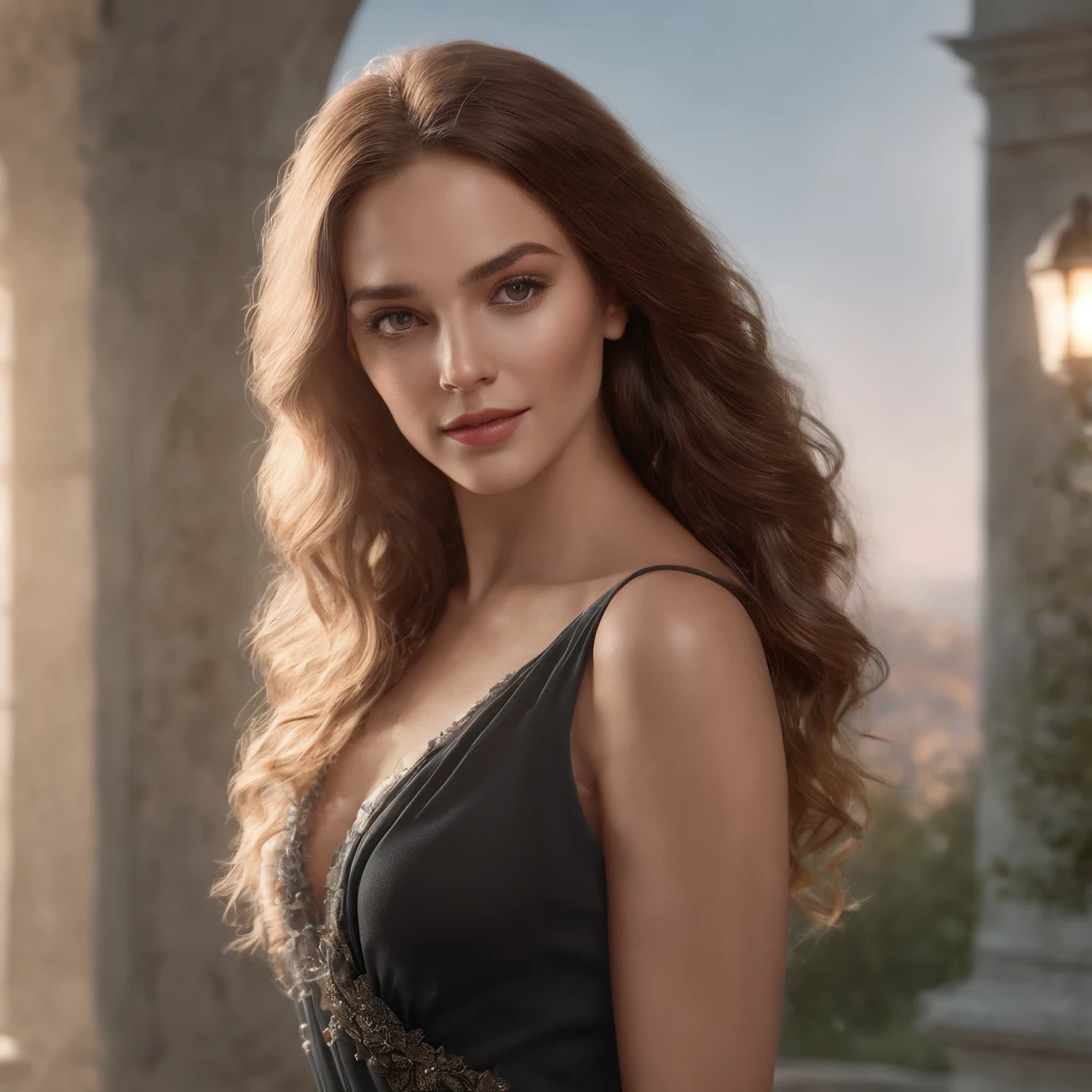 (Renderizado 3D profesional:1.3) de (realista:1.3) The most beautiful photo in the world，Presenta modelo bronceado, (seductive look long curly hair and happy expression ,  Office Location, Majestuoso entorno soleado)), Renderizado de unidades 8K de cuerpo completo,, piel perfecta, Clear lighting, Sombreado medio , detallado, cara detallada, piel dorada (vibrante, fotogrdeia realista, realista, Sensuak, Claro, foco nítido, 8k),  (Altamente detallado:1.4), Pintura digital, Renderizado por Octane, Eso (global ilumination, volumetric sunlight), fuertes lluvias, particles floating, LotR, fantasy, Nuestro, ((fondo Claro:1.3)), traje vestido largo negro
