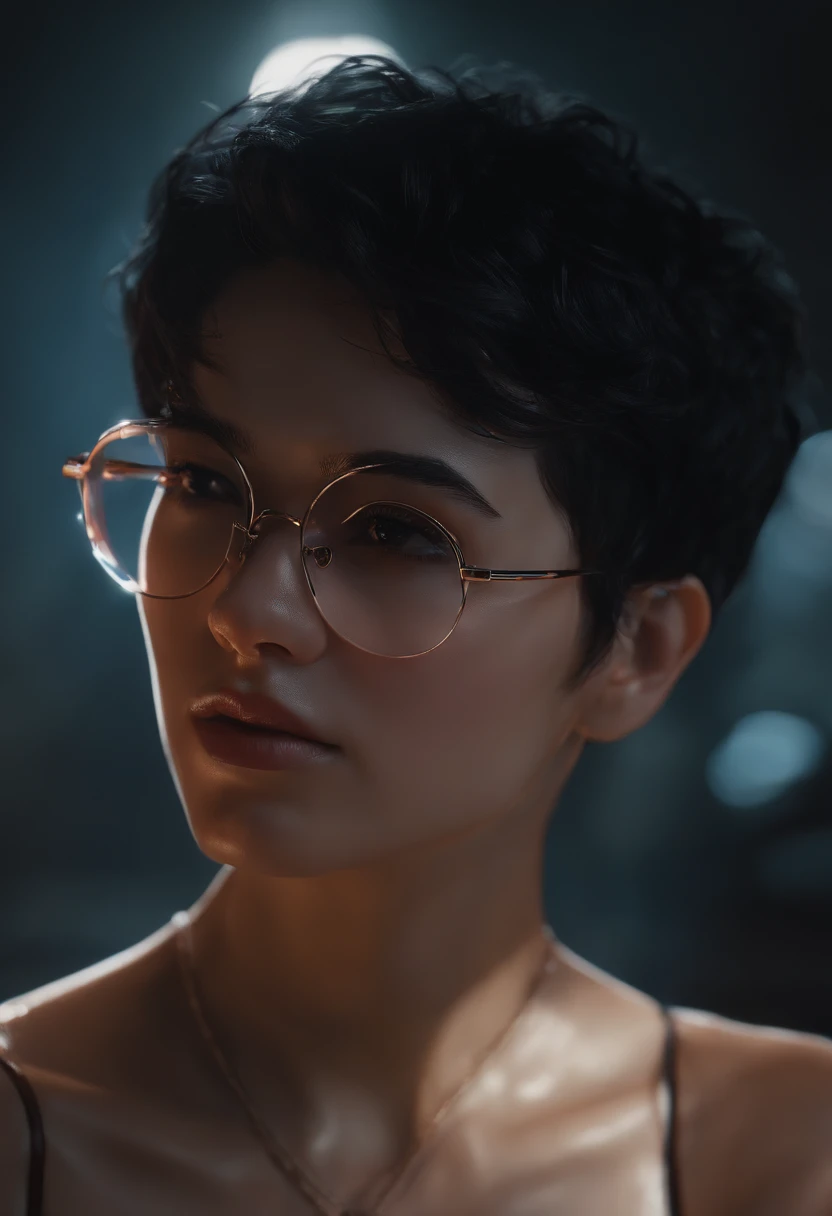 ntrman, masterpiece, cinematic lights, deep shadows, black hair, glasses, short hair, short shirt, plump, wet body, close up, details