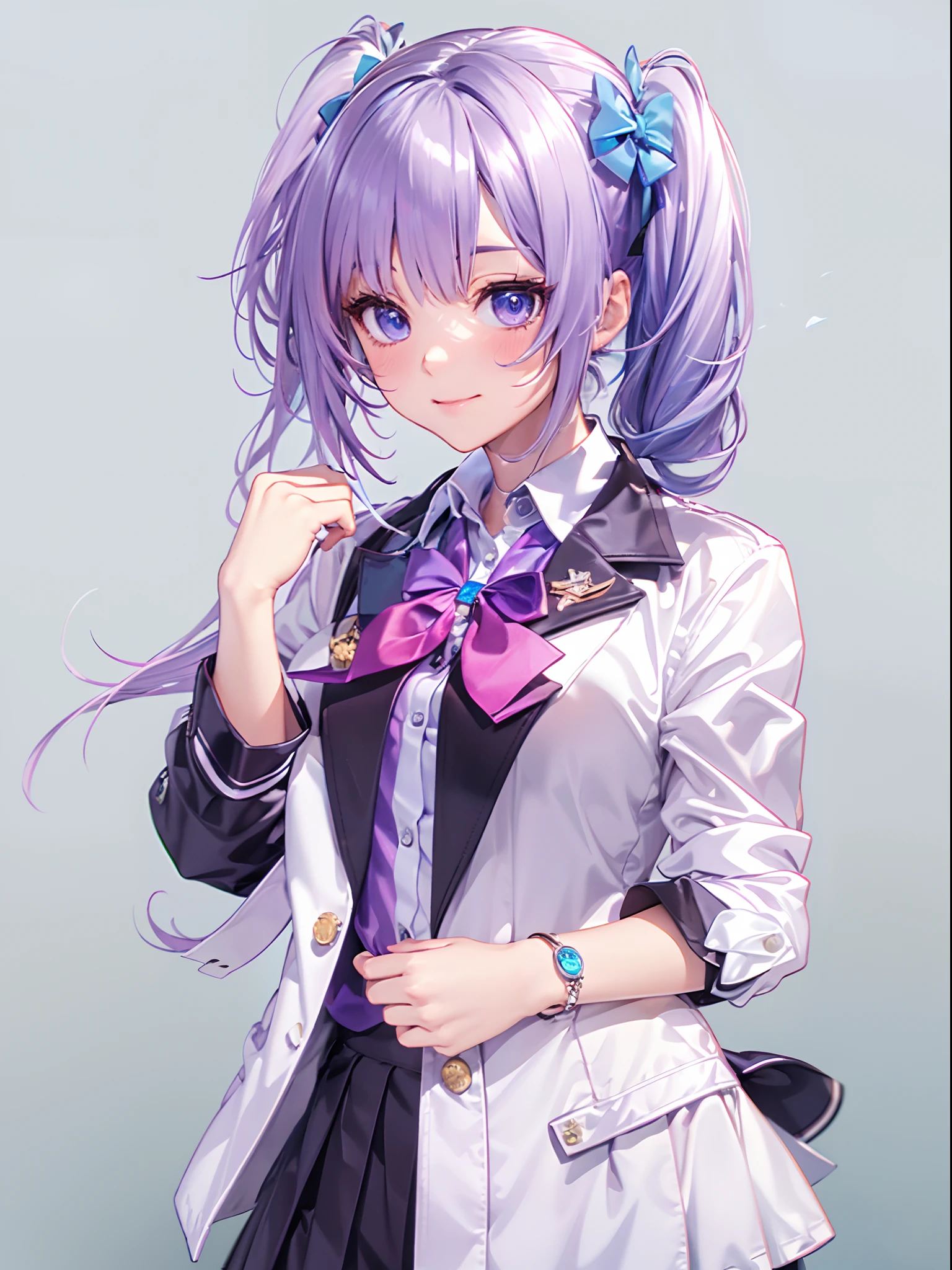 8k picture,best qualtiy，hight resolution、​masterpiece、super precision、Top image quality,Anime girl with purple hair and purple eyes isolated on black background、best anime 4k konachan wallpaper,The purple color of the hair in the video game Azure Lane,3D images、Correct posture、 A smile、Pink hair、Highly detailed CG Unity 8k wallpaper, [3D images:1.15],Attractive eyes、[[A detailed eye、Colorful eyes、radiant eyes:1.15]], poneyTail, Blazer, Blue jacket, Blue Ribbon, Blue skirt, buttoning, Collared shirt, Jacket, Long sleeves, Neck ribbon, Pleated skirt, bow ribbon, School uniform, Shirt, Skirt, White shirt, winter uniform、small tits,Correct fingers