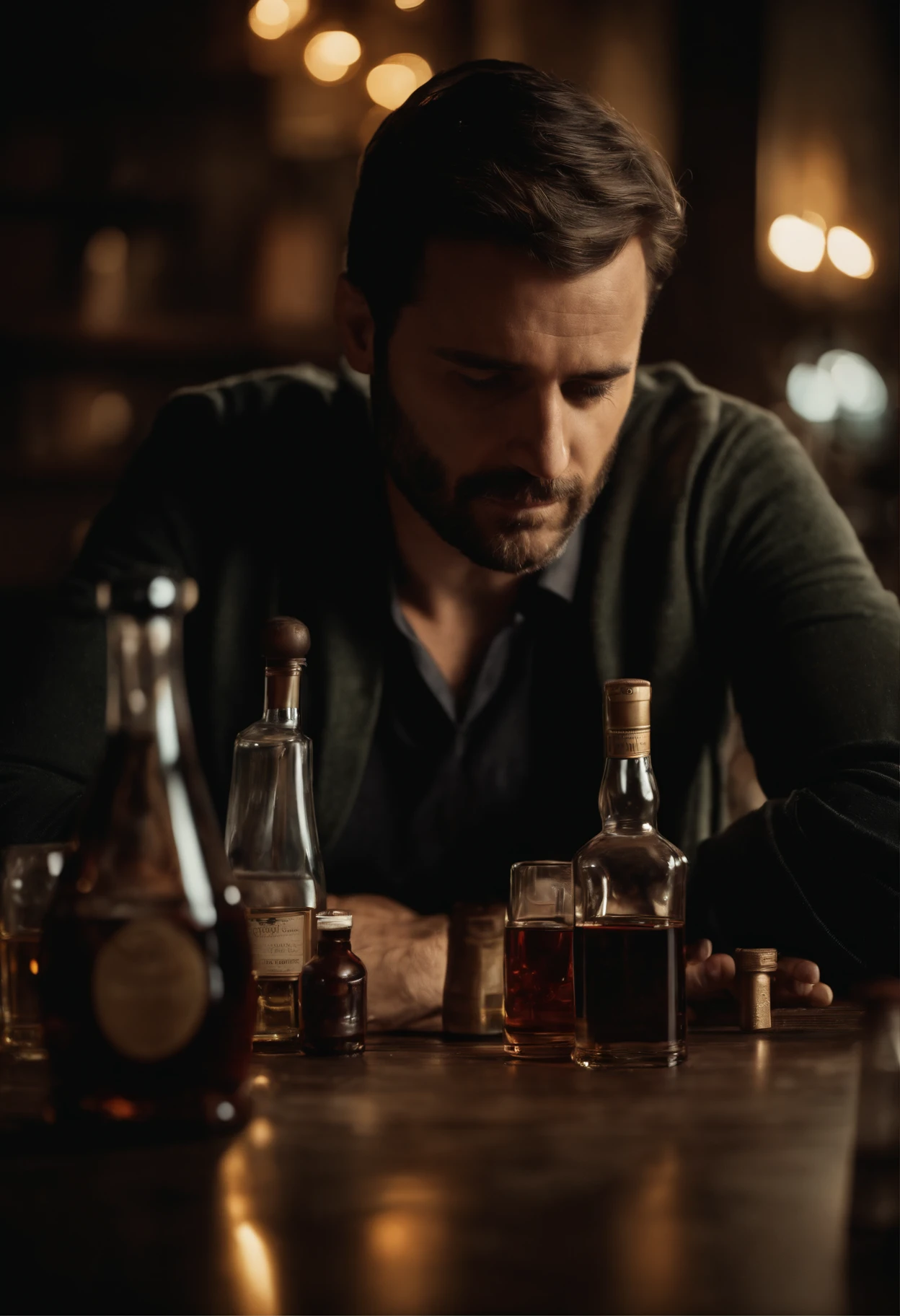 Depressed man at a table full of liquor bottles