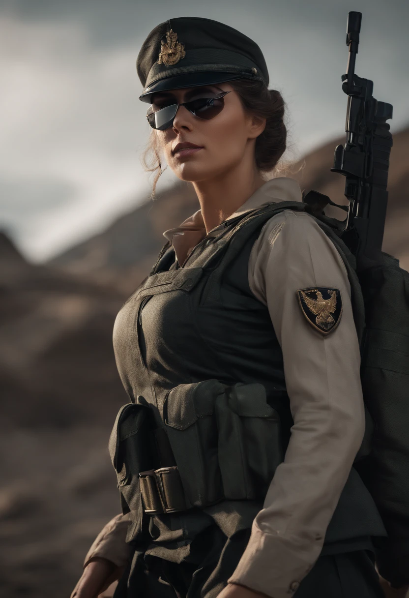 heroine woman, forte, corpo inteiro, uniforme de soldado, black mask, luvas de prata, Caminhando na montanha, perspectiva paralela, comiс style, estilo quadrinhos coloridos, [contorno de linhas pretas 0.8], professional art drawing for printing, High definition, 8k