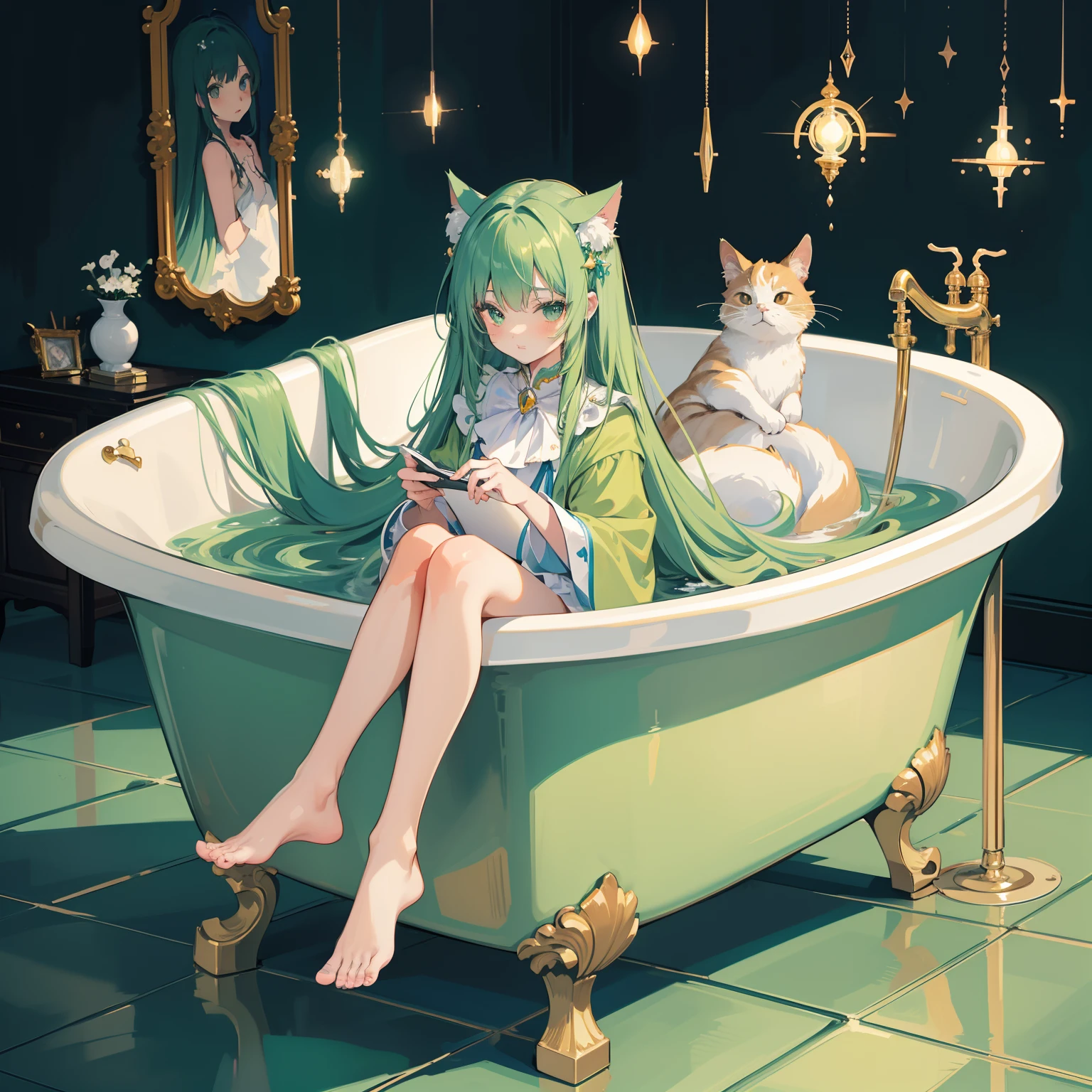 (Mouthpiece, top quality, illustration, very high quality, very delicate writing),Full body, magical girl with long hair soaking in cat foot tub, green robe, machine based cat foot tub, lively, no background, one person