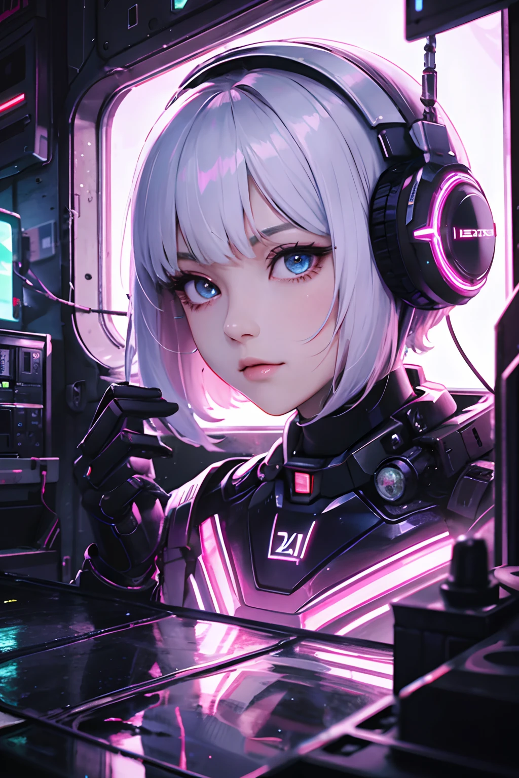 absurderes，hight resolution，Reflectors，refraction：1.4，super-fine：1.4，（真实感：1.4，超A high resolution，RAW Photos），BREAK（Cyberpunk Personality：1.3），Droid，Robot Girl，silber hair，The upper part of the body，Beautiful face and cool expression，In the dark and decaying ruins，（ultra wide-angle：1.2），Shoot Blake from below（（Neon light，vibrant glow，Dynamic colors，Vivid contrast，Futuristic atmosphere，electric energy，Glossy reflective surface））