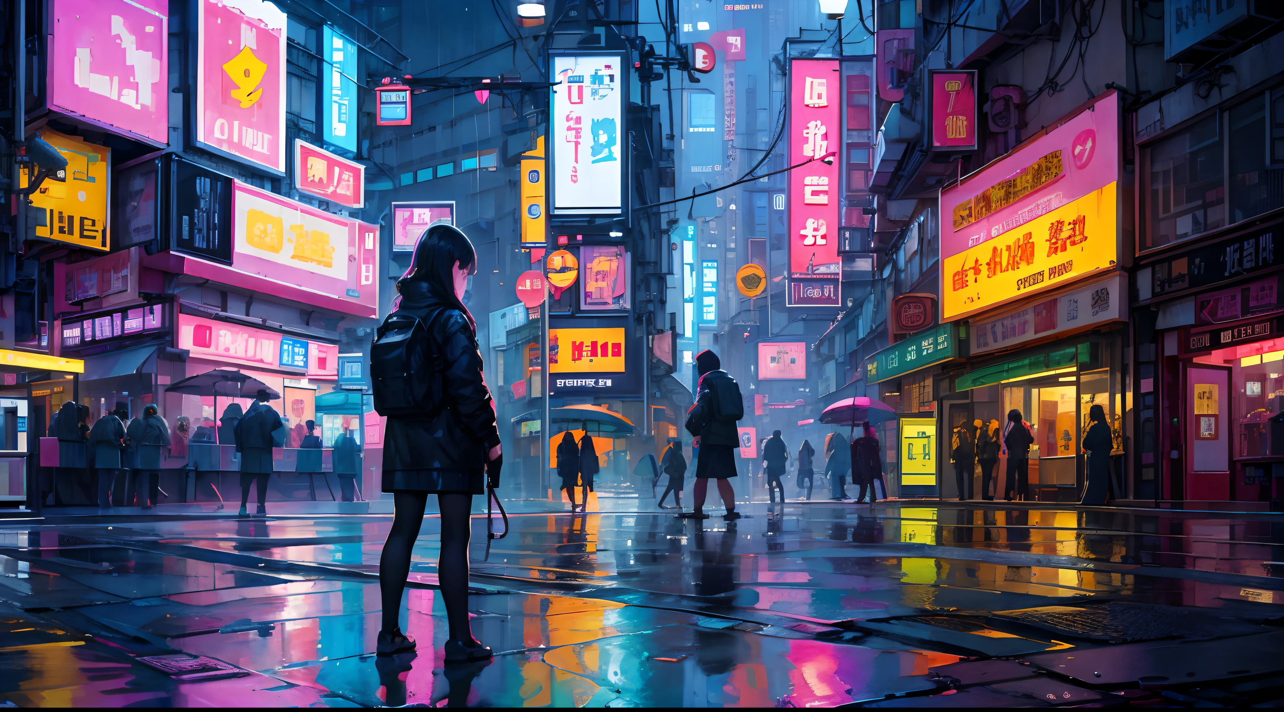 (pixel art_1.1)Night,Street,Kitten,Small puddle,Rain,Neon Light,Hong Kong,Cyberpunk