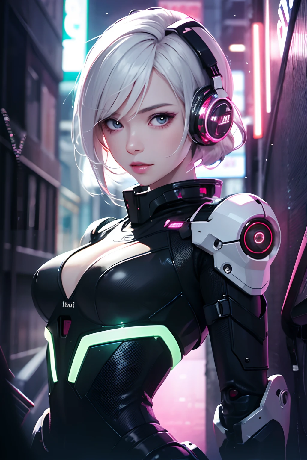 highest quality, masterpiece, small details, very delicate 8k wallpaper, Beautiful Mechanical Girl, (White ponytail), (blue eyes), long eyelashes, compensate, pink lips, Mechanical joints of five fingers, mechanical hand, Mechanical legs: 1.1), (Exoskeleton leotard), garter belt, (exposed lower chest, exposed thighs: 1.2), (mechanical harrow), cyberpunk city, sitting