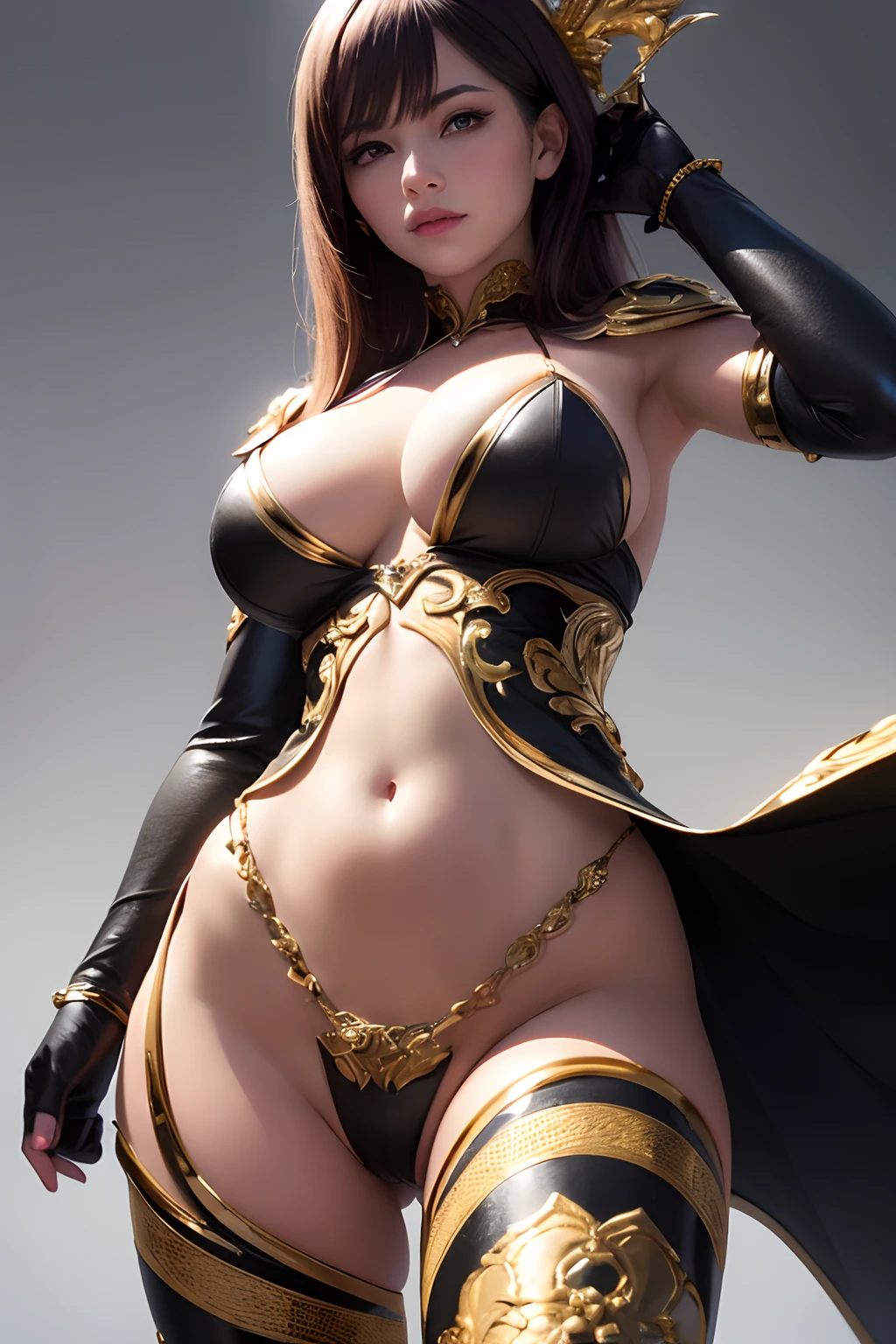 ((Best Quality, 8K, Masterpiece: 1.3)), 1girl, shiny skin, sharp, Perfect Body Beauty, realistic shaded perfect body, ("bosysuit, gold decoration,transparent pussy" :1.2), , ("fantasy, black, armor gloves":1.2), ("fantasy, black, armor leggins"1.2), ("fantasy, robe"1.1), big_breasts, fantasy, (dynamic pose:1.1), no bra, wind, inferno