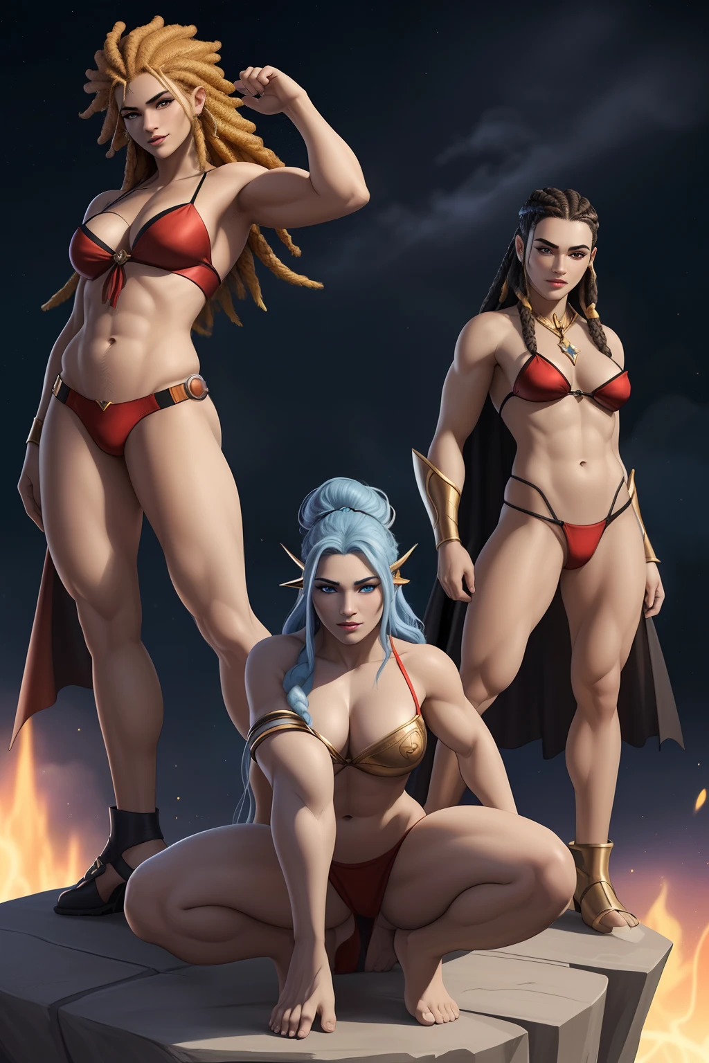 Uma mulher Moreno, de cabelo afro cabelo caindo para frente, Rasta type but braided,  Three women in bikini and tie posing for photo, epic 3 d oshun, Estilo afrofuturismo, bikini re  , com belos seios corpo perfeito com , a wide thigh is beautiful a woman, com seios lindos corpo perfeito, uma coxa larga, is beautiful a destination with , vario pose sexual, Erotic The cast of the upcoming Mighty Universe film Legends of Epic Fantasy, heroes of might and magic, epic legends game icon, epic fantasy style, deuses antigos, Rainha e governante do universo,   Mystical Atlantis, Trindade, amazing mmorpg, epic real fantasy, ((Estilo Art Vista de Corpo Inteiro, plano completo, vista frontal, Vista lateral, vista traseira, de personagem, Multiple views and poses, various points of view, um personagem, corpo inteiro, personagem com menos, estilo de roupa, no mesmo Estilo de cabelo, less Type of footwear, forte )):: ((whole body view, plano completo, vista frontal, vista traseira, design de personagem, Multiple views and poses, various points of view, de um personagem, corpo inteiro,, personagem com menos, estilo de roupa, no mesmo Estilo de cabelo, less Type of footwear)): Superheroíne, vestindo ultraje, a partir bandeira de Cabo Verde, with a star in the middle and 10 islands on the superhero cover, erotic cosmic fallen angel, olhos claros brilhantes, Biomechanicals, estranho, assustador, pesadelo, cores muito brilhantes, light particles, com luz brilhante, Mshiff, Arte do papel de parede, UHD Summoner Wallpaper Barefoot Female Levitating with Hair , robes and arms of cloak raised on a broken earth, luz de lava brilhante de baixo do campo de asteroides (rochas irregulares, pedregulhos e detritos disparando para o ar:1.3) (tempestade de detritos de poeira ventosa:1.1) Volumetric mist mist ray tracing z pass bright light from below, (obra-prima) (melhor qualidade) (detalhado) (8k) (cinematic lighthing) (foco nítido) (intrincado)