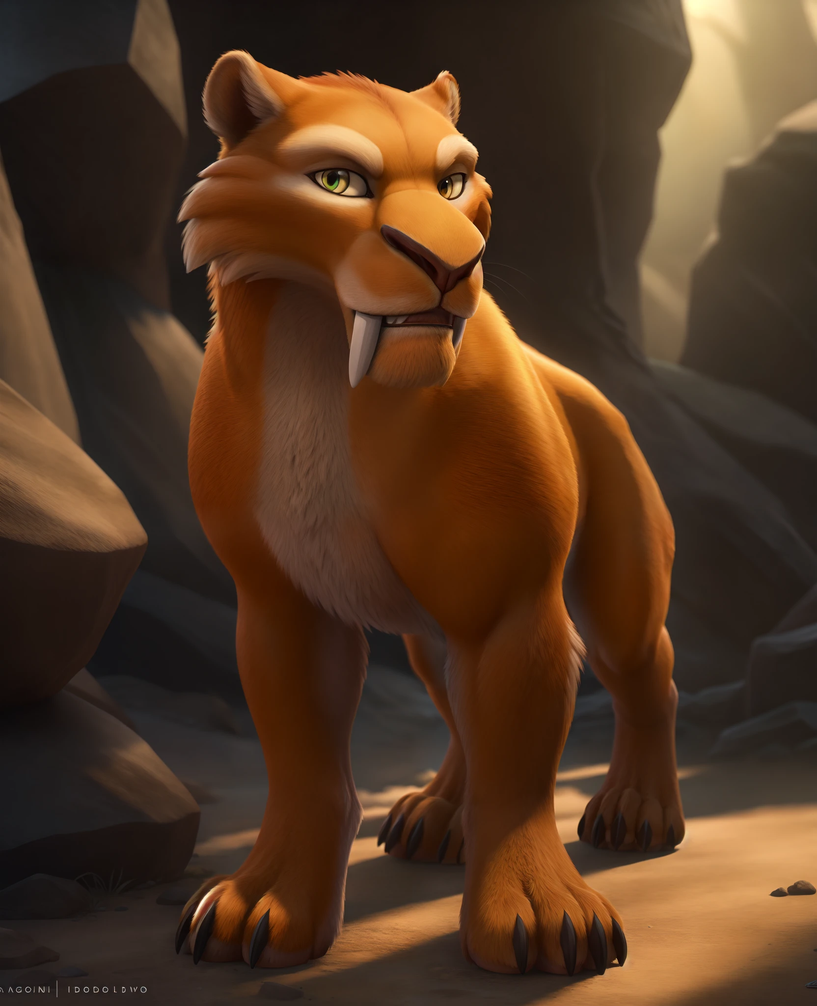 diego, sabertooth, looking at viewer, anthro, male, detailed fur, volumetric lighting, photorealistic, feral, full body image, paws, toe claws, four legs,