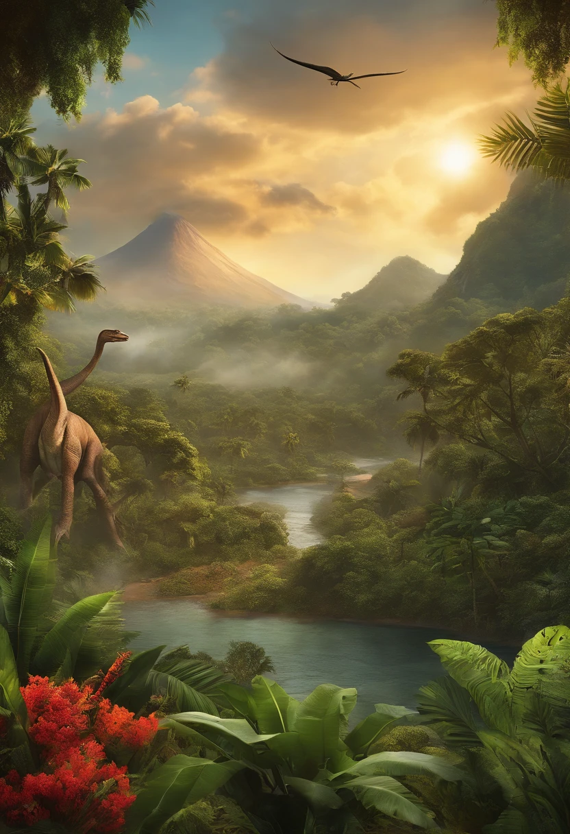 ud imagemenhuma normal dayinan Jurassic era (best quality, HD, ultrarealistic), 1dinosaur, 1volcano, lushancient forest, sparklingriver, sunlight filteringthrough the canopy,majestic mountains in thedistance, 1saurus withvivid green scalesand sharp teeth,herbivorous dinosaursgrazing onprehistoric plants,smoke billowingfrom the volcano'scrater, dense foliageand vibrant flowers,flying pterosaurs inthe sky, distant soundof roaring dinosaurs,pure blue skywith fluffy clouds,highly detailed texturesand intricaterendering, realisticskin and scales,sharp focus,physically-based renderingfor maximum authenticity,vivid and lifelikecolors, spectacular lightingwith warm golden huesand dynamic shadows,ultra-detailed foliageand tropical vegetation,creating a breathtakingand immersiveprehistoric scene thatfeels like a livingmemory from theJurassic era.