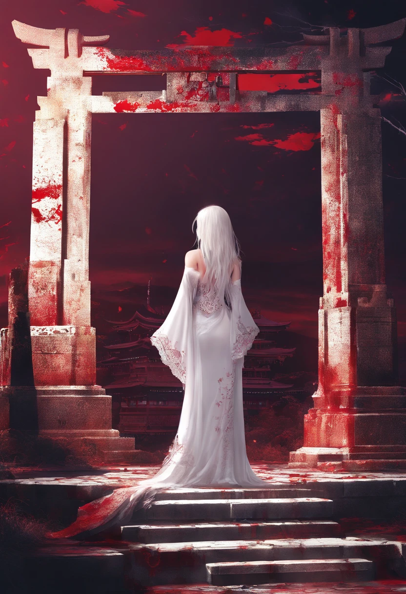 ((Naked, bloody body:1.4, flat chest:1.5, small breasts:1.5)), pink nipples, ((White long hair:1.4, blunt bangs)), Teenage Japanese girl at night, (Full body shot), (Fairer skin, skinny body), looking away, (abandoned shrine at night, red Torii gate:1.3), beyond imagination, 8K, global illumination, wide angle, god rays, dream world