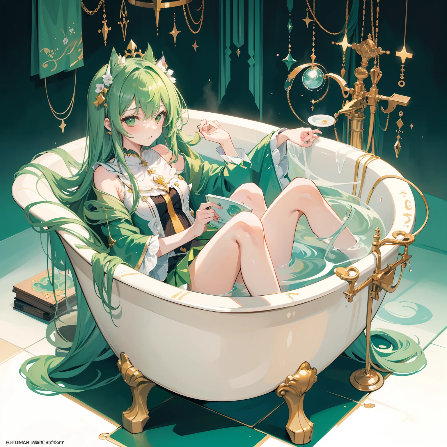 (high res, 8K, masterpiece, looking at viewer, best quality, very aesthetic, ultra detailed, ultra background, ultra Eyes, Realistic Eyes), intricate details, 1girl, Tatsumaki, Nude, Green, short hair, Green eyes, Soak in the bath, right hand touches the vagina, Perverted face, Cheeks Flushed, Big Ass, Background Bathroom, Cinematic Angle