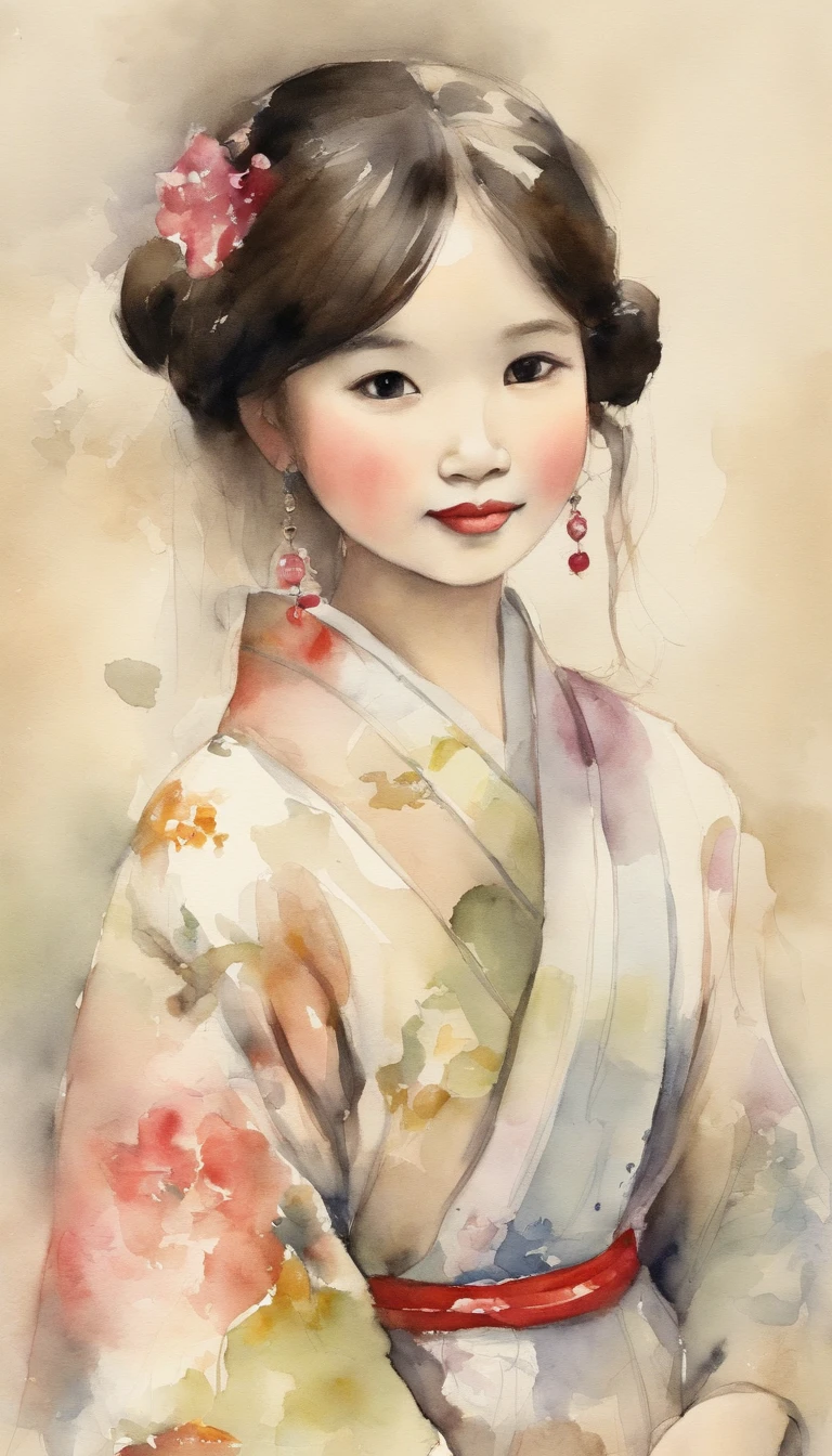 "Create a cute cartoon style drawing, A 7-year-old Japanese girl smiling slightly, Similar to Blythe dolls. She wears a kimono, The brunette is styled as Bob, Dark eyes, Cute little nose, and slender figure. The girl stood facing forward，Hang your hands at your sides, Legs straight, and feet pointing forward."