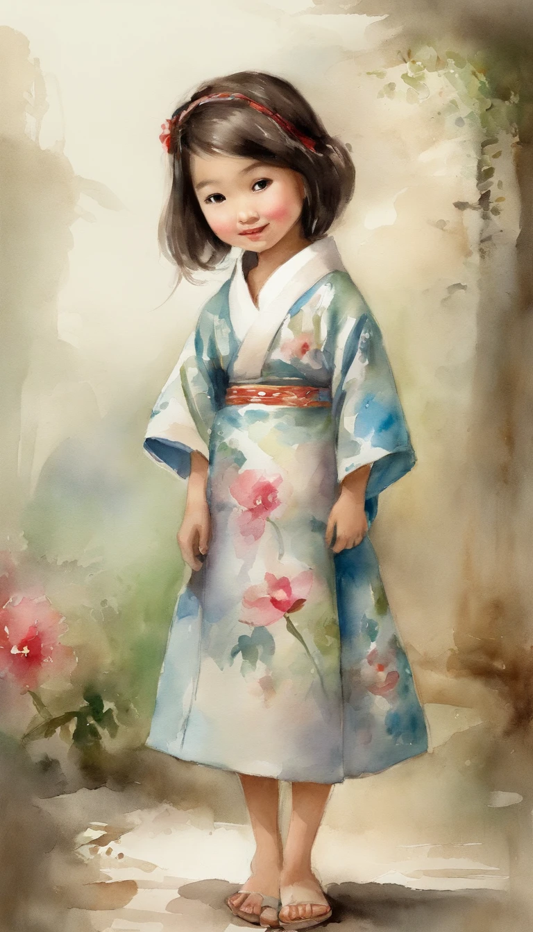 "Create a cute cartoon style drawing, A 7-year-old Japanese girl smiling slightly, Similar to Blythe dolls. She wears a kimono, The brunette is styled as Bob, Dark eyes, Cute little nose, and slender figure. The girl stood facing forward,Hang your hands at your sides, Legs straight, and feet pointing forward."