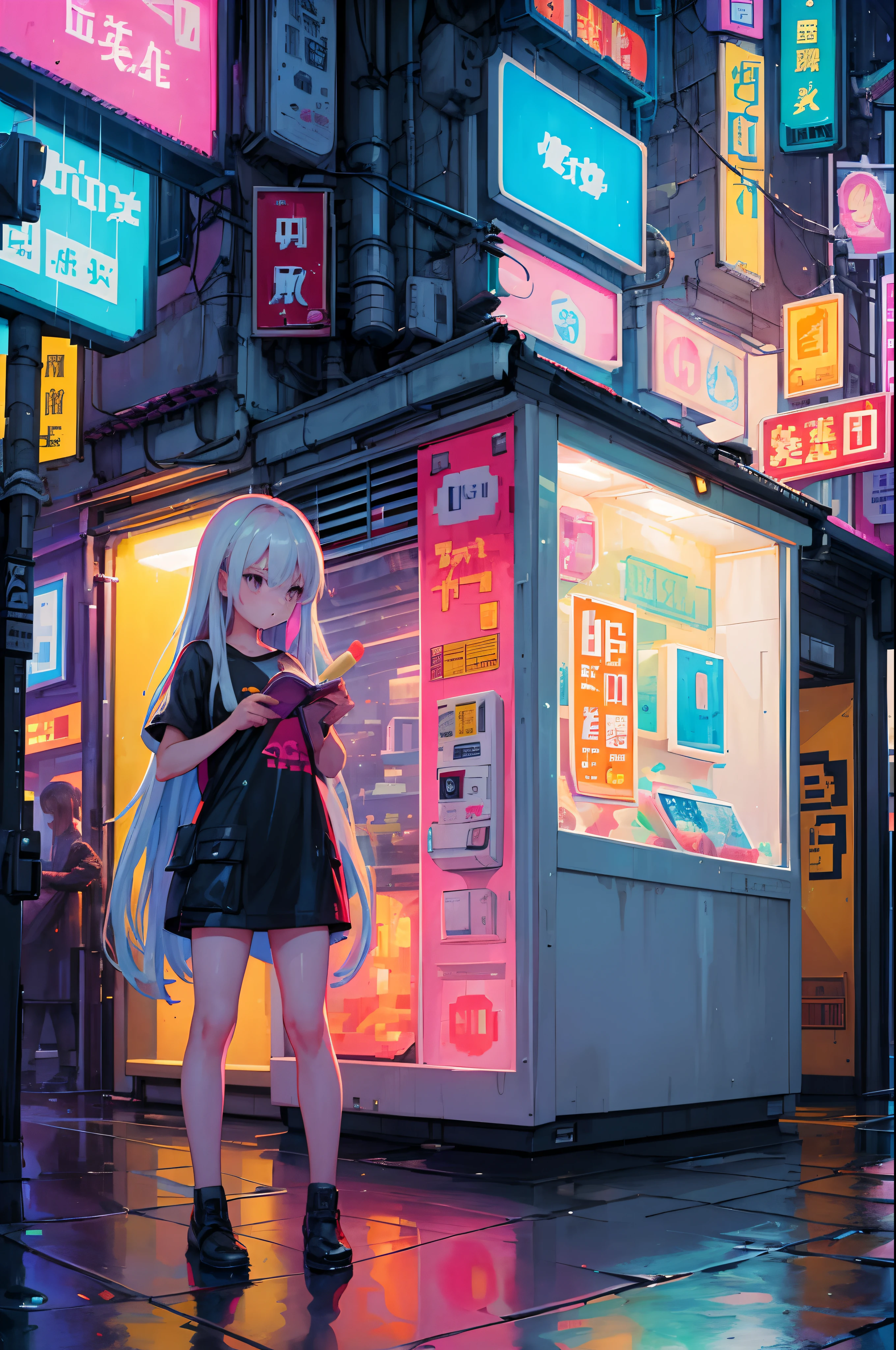 (pixel art_1.1)1girl,very long hair,Night,Street,Kitten,Small puddle,Rain,Neon Light,Hong Kong,Cyberpunk,Eating Popsicles,Insert pocket,Strap,short sleeve,White, a girl, telling stories, with a book in her hand,