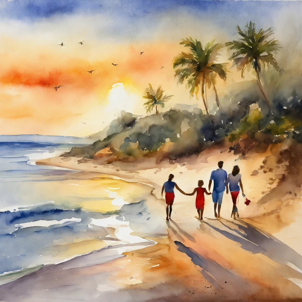 A family of four walking along the beach, setting sun, Praia Dourada, Four people holding hands