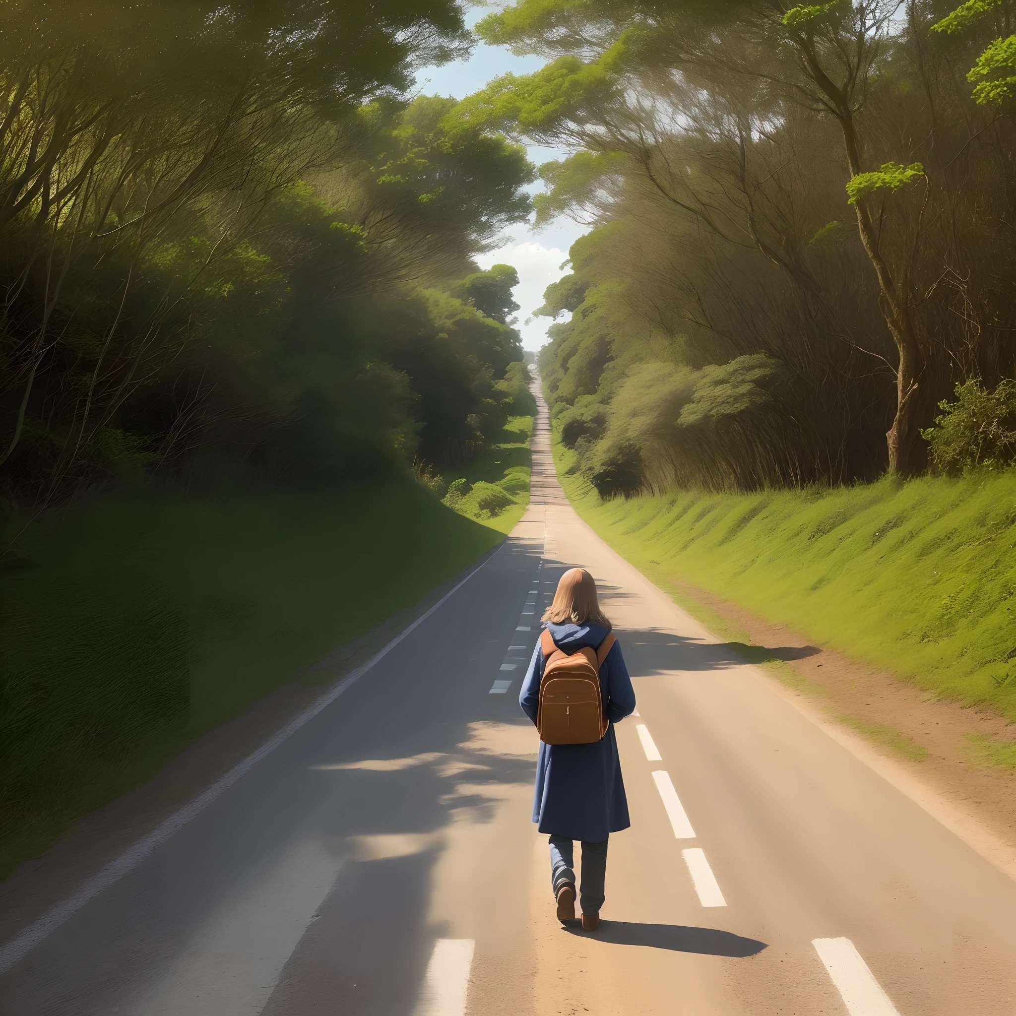 Jesus,caminhand em uma estrada de terra,The road is surrounded by nature, cabelos soltos,with a child walking behind him