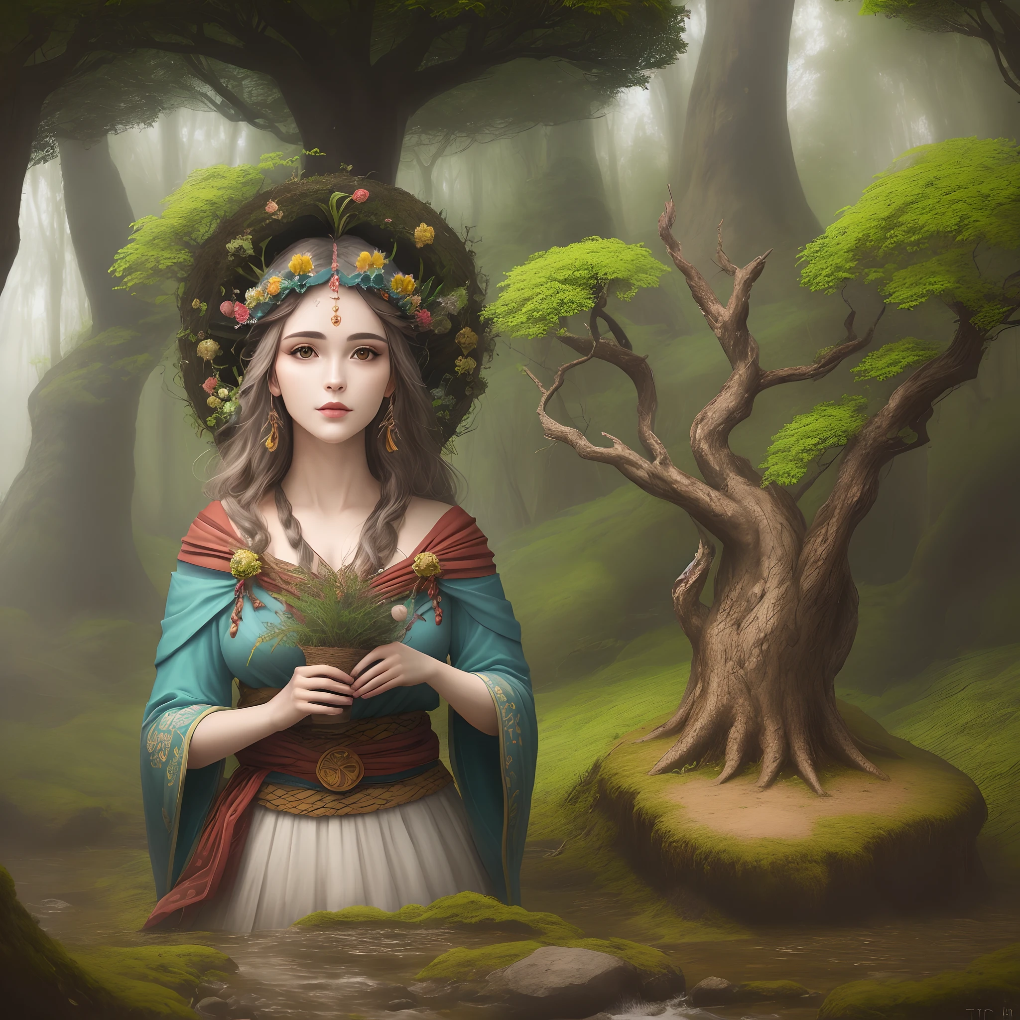 Mitologia da Deusa da Terra, Deusa da Natureza, Deusa da Natureza, Deusa da Floresta, Mother Nature, mulher feita de plantas, enchanted with nature spirit, tiro extremamente detalhado da deusa, Rainha da Natureza, Deusa Druida, mother earth, motor irreal renderizado + uma deusa, deusa bonita, Um retrato impressionante de uma deusa