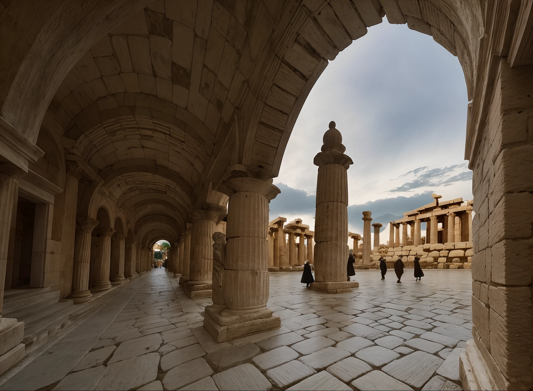 a very high detailed photography of an ancient city square seen by an arcade with corinthian style columns, greek wise men walking, ancient greece, ancient greek architecture, hyperrealistic, temples