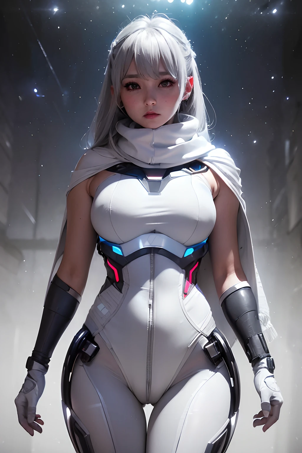 Bust ((half body)) hyperrealistic masterpiece, superheroine girl ((mech sci-fi aesthetic style)) in extremely detailed tech tight plugsuit ((with scarf & white cape)), cinematic illumination: 8k, (((gradient: two-tone gray and white hair)))