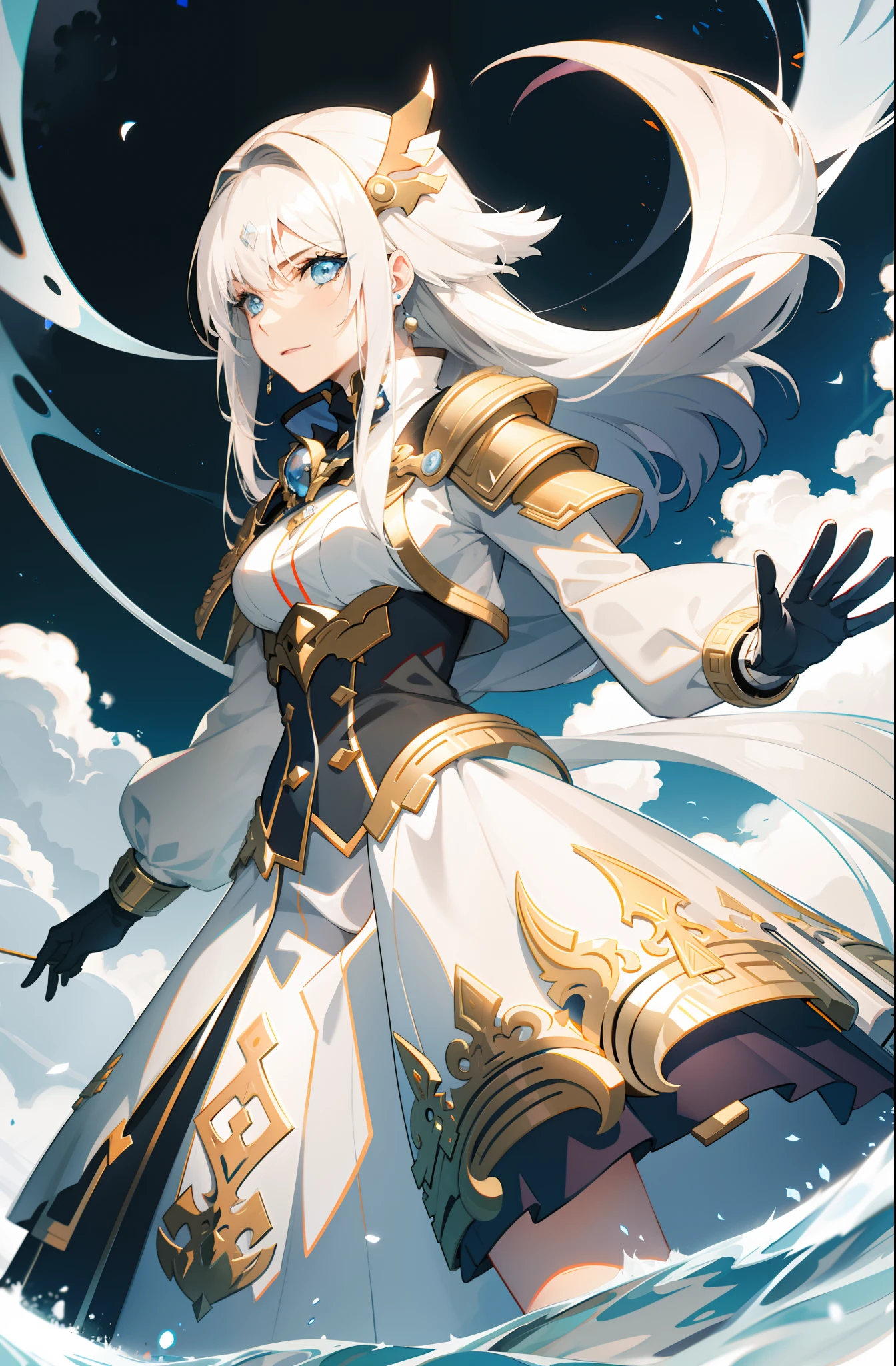 Girl, golden flowing hair, blue eyes, White Imperial Outfit, anime