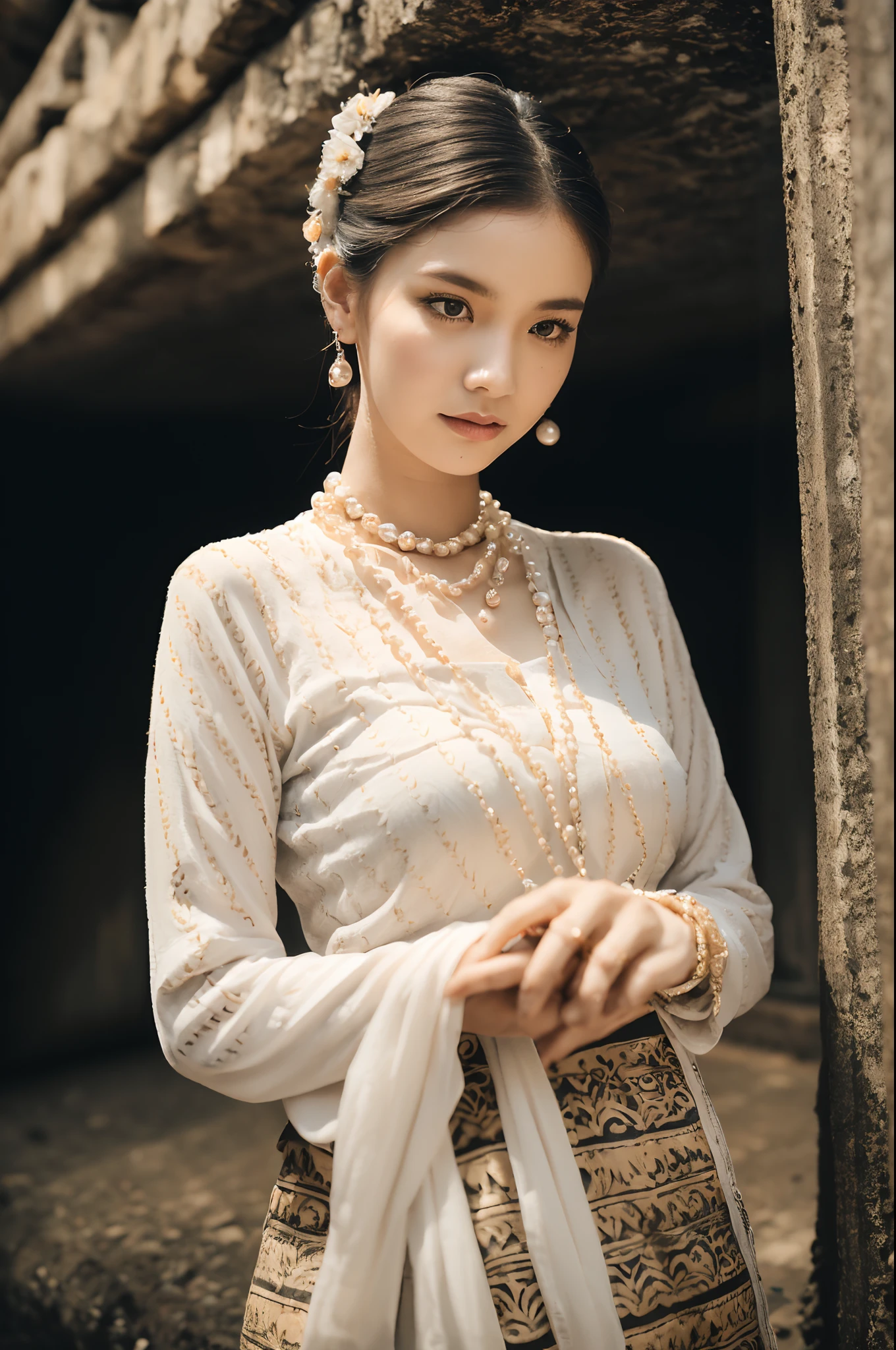 (best quality,4k,8k,highres,masterpiece:1.2),ultra-detailed,(realistic,photorealistic,photo-realistic:1.37), MMTD Burmese patterned traditional dress, beautiful lady wearing the dress, detailed eyes and face, long eyelashes, wear pearl necklaces and gold bracelets, soft natural lighting ,ancient city,standing full body details