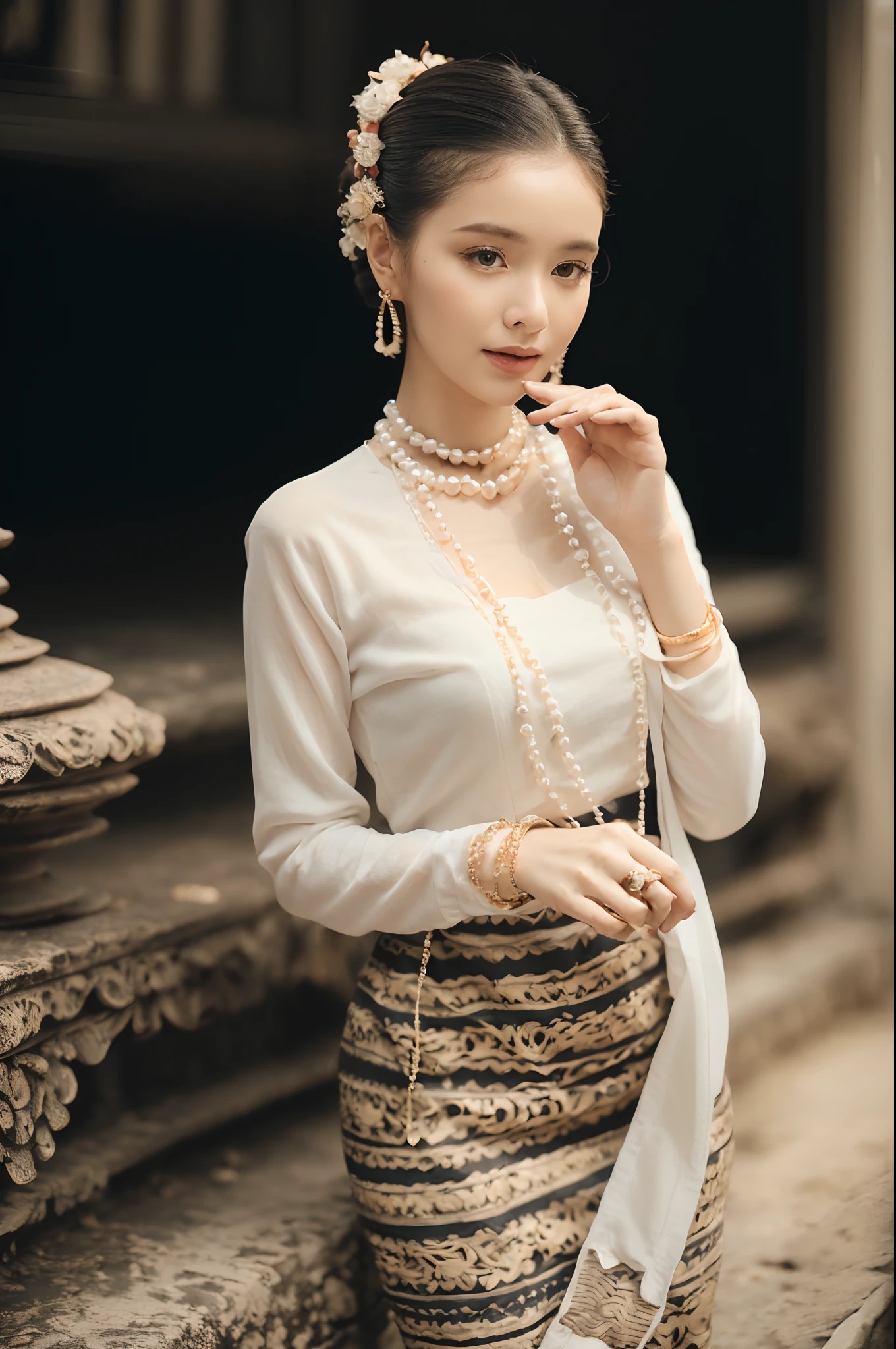 (best quality,4k,8k,highres,masterpiece:1.2),ultra-detailed,(realistic,photorealistic,photo-realistic:1.37), MMTD Burmese patterned traditional dress, beautiful lady wearing the dress, detailed eyes and face, long eyelashes, wear pearl necklaces and gold bracelets, soft natural lighting ,ancient city,standing full body details