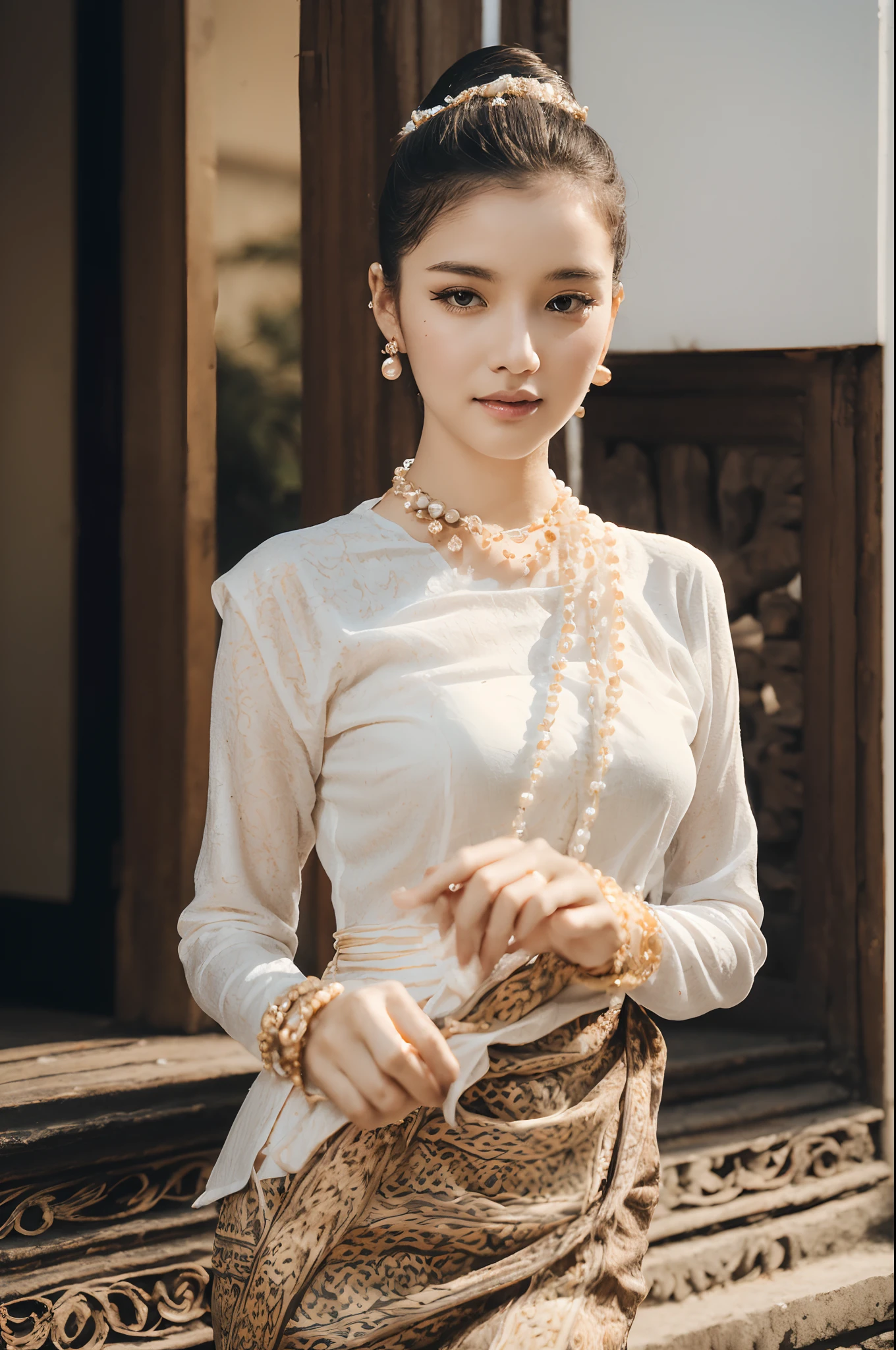 (best quality,4k,8k,highres,masterpiece:1.2),ultra-detailed,(realistic,photorealistic,photo-realistic:1.37), MMTD Burmese patterned traditional dress, beautiful lady wearing the dress, detailed eyes and face, long eyelashes, wear pearl necklaces and gold bracelets, soft natural lighting ,ancient city,standing full body details